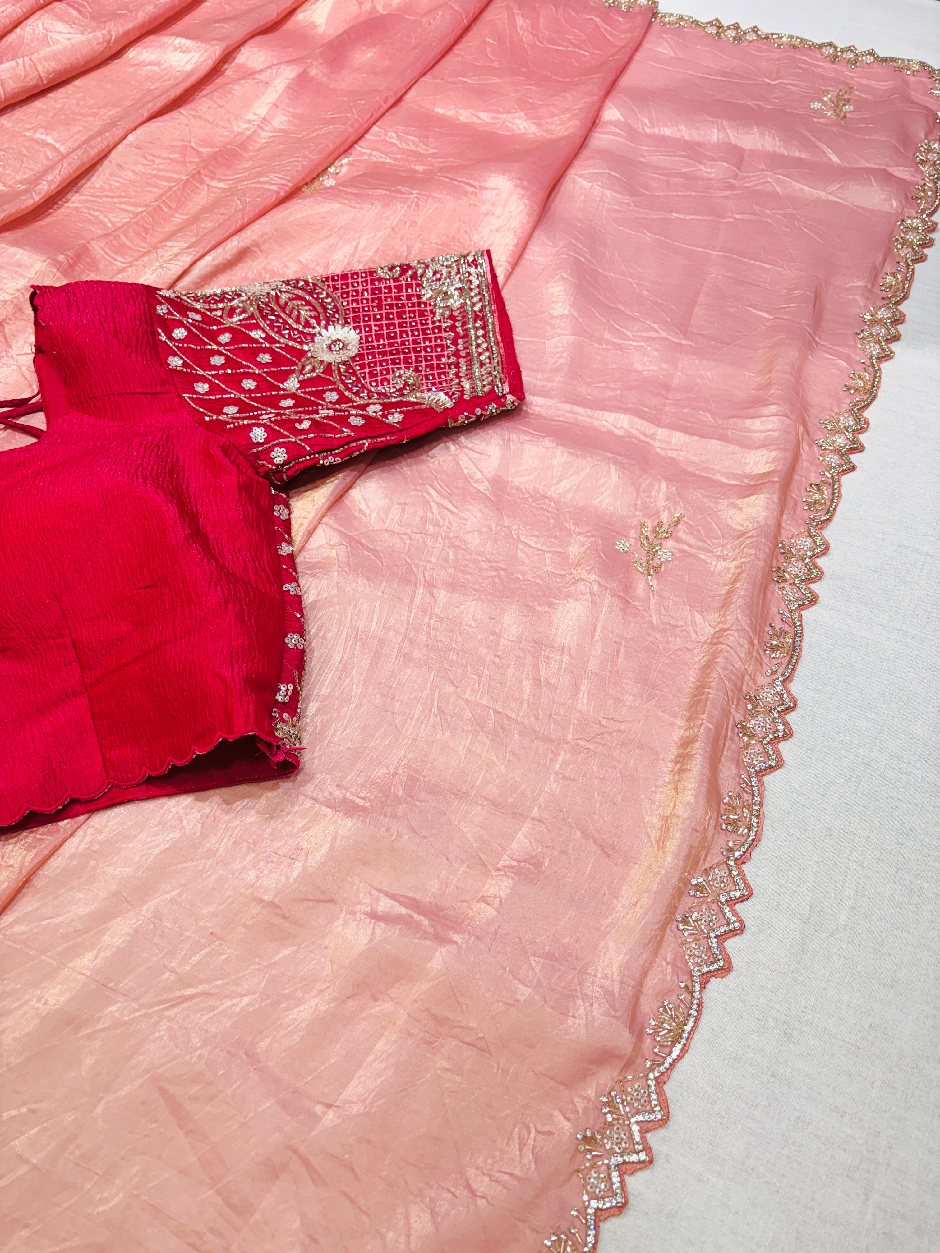 Light Pink Tissue Silk Saree With Readymade Blouse