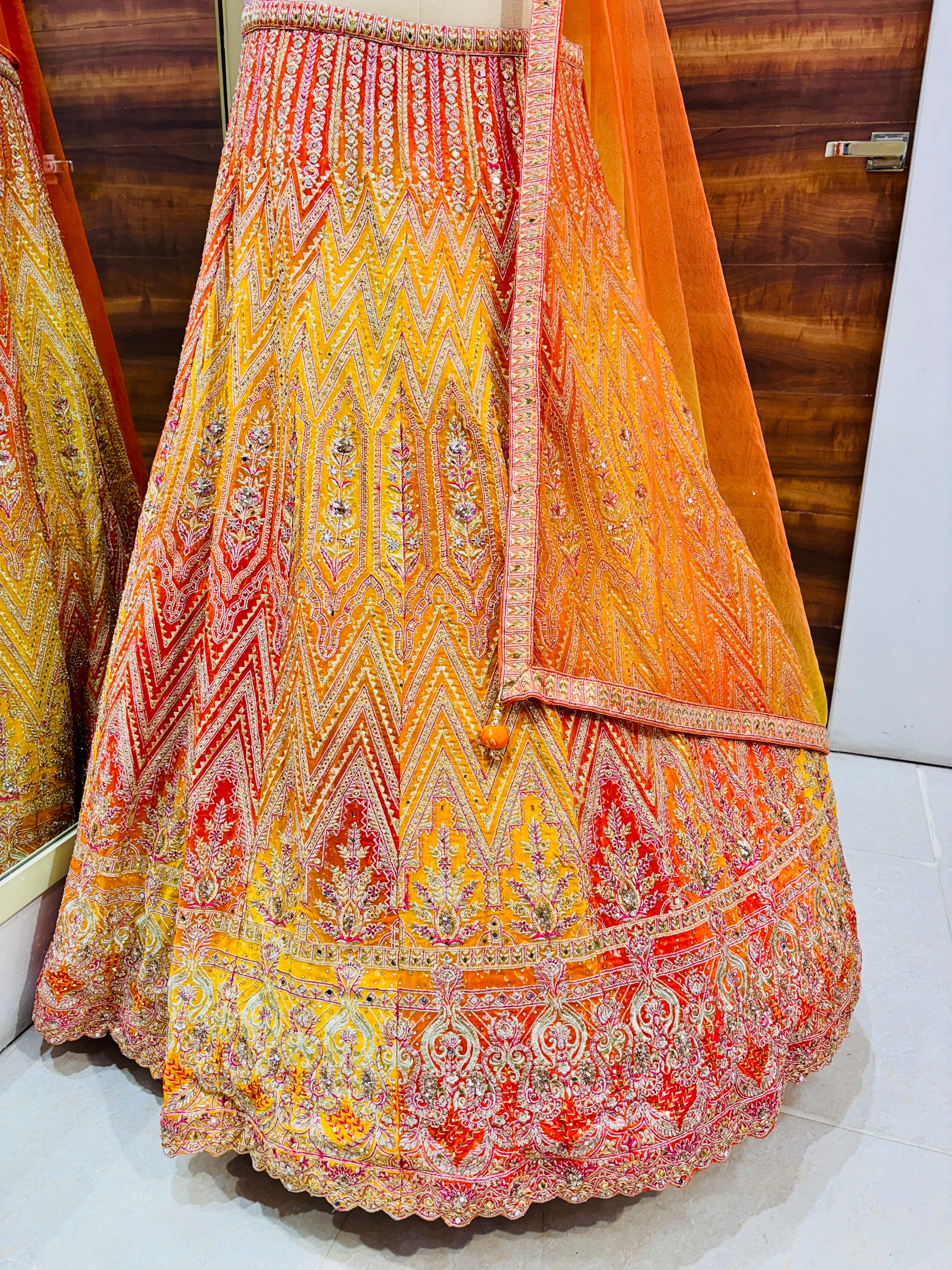 Yellow & Orange Shaded Net Embroidered Lehenga