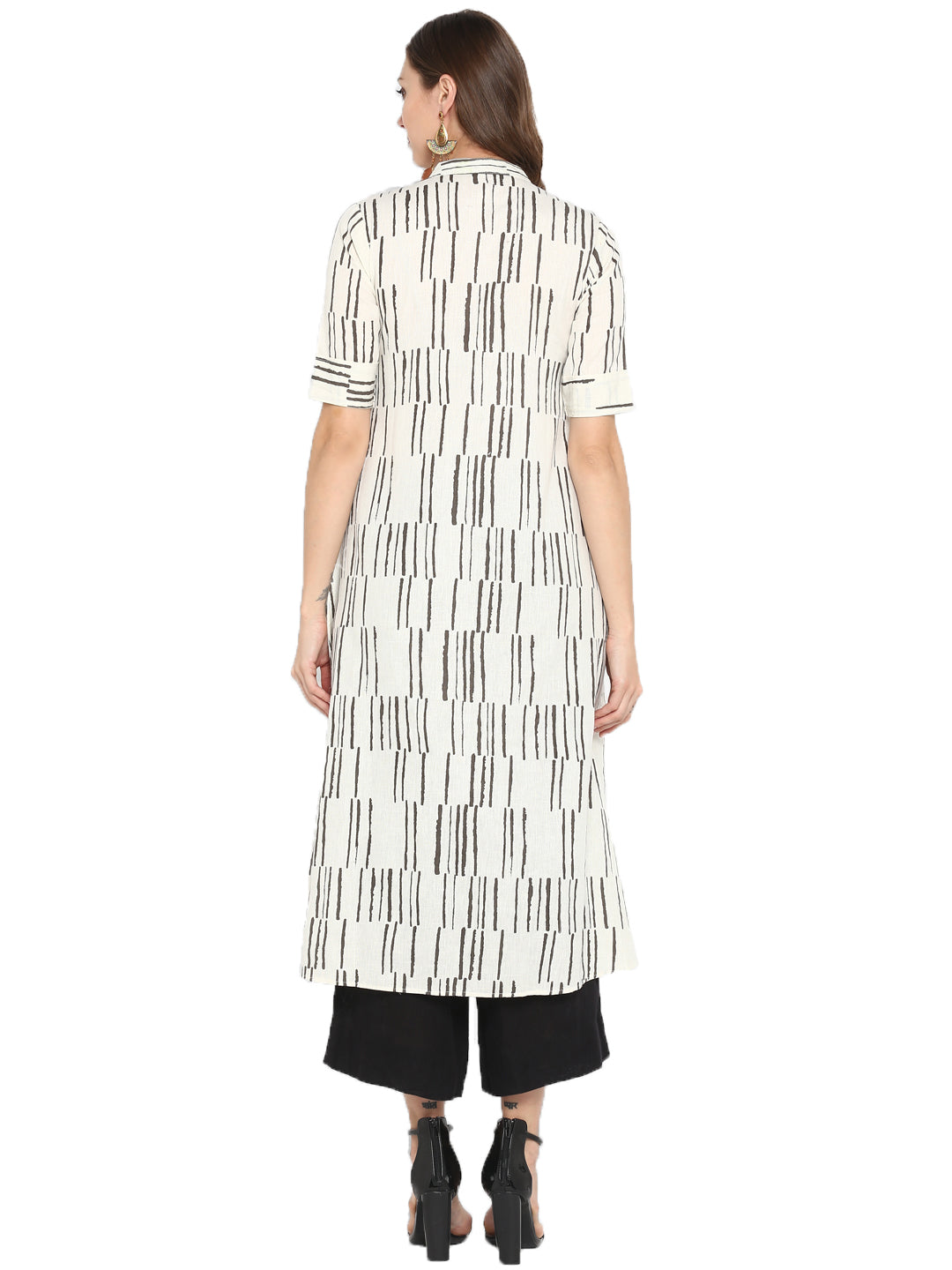 White Printed Cotton Slub Kurta