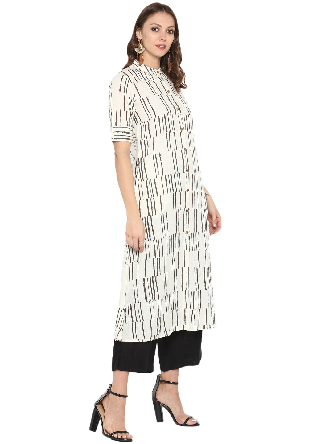 White Printed Cotton Slub Kurta