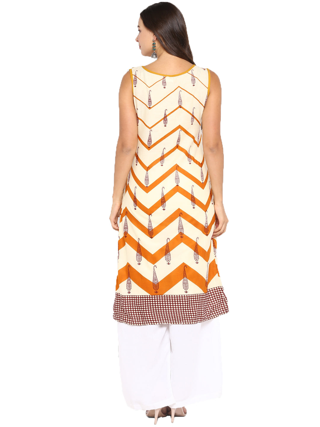 Orange & Beige Printed Cotton A-Line Kurta