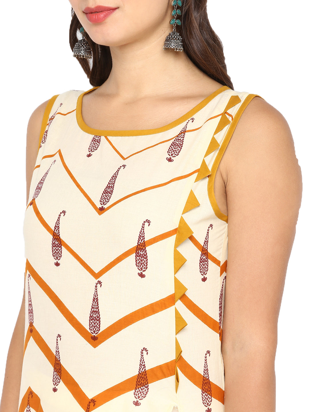 Orange & Beige Printed Cotton A-Line Kurta