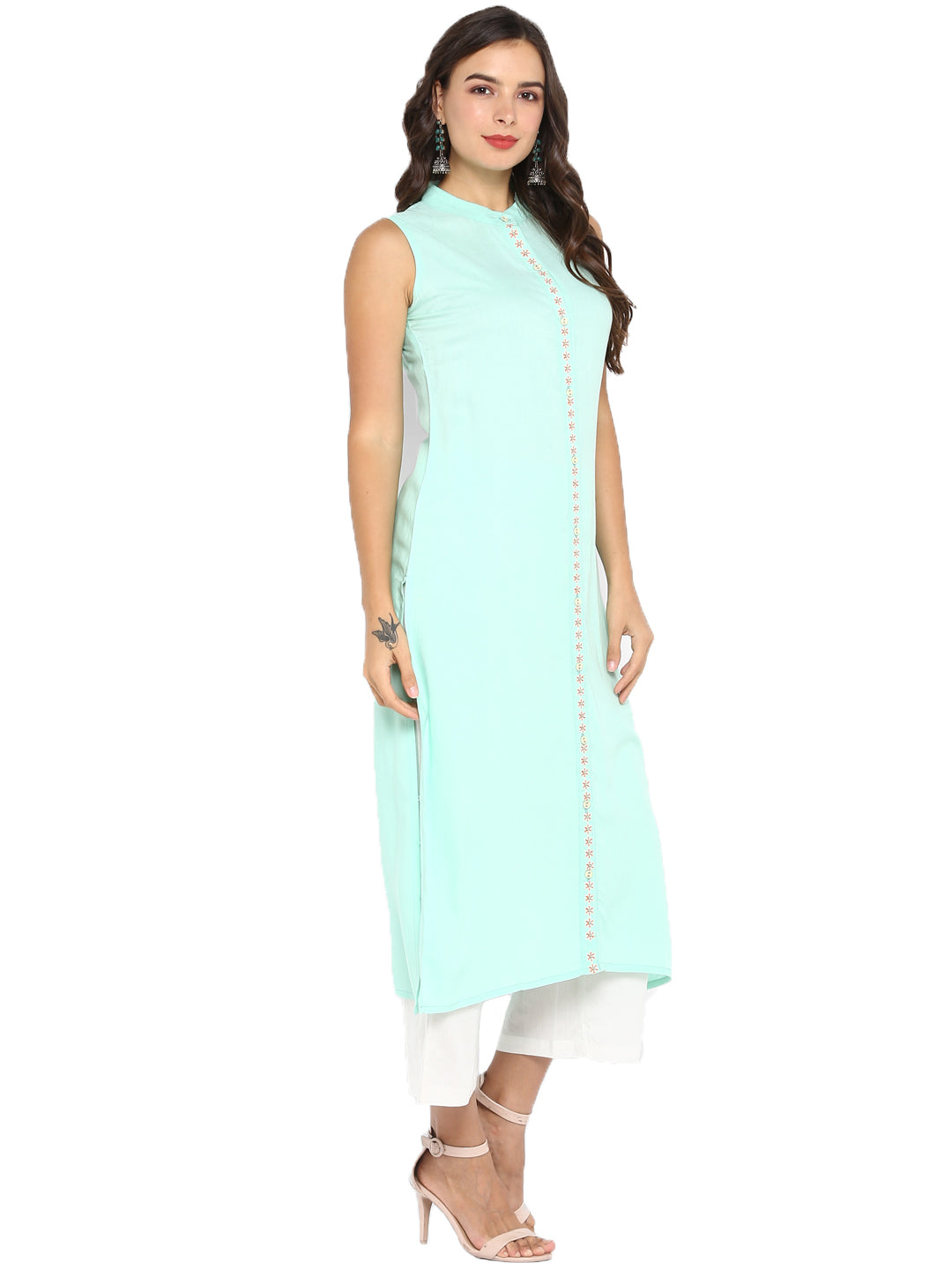 Sea Green Embroidered A-Line Kurta