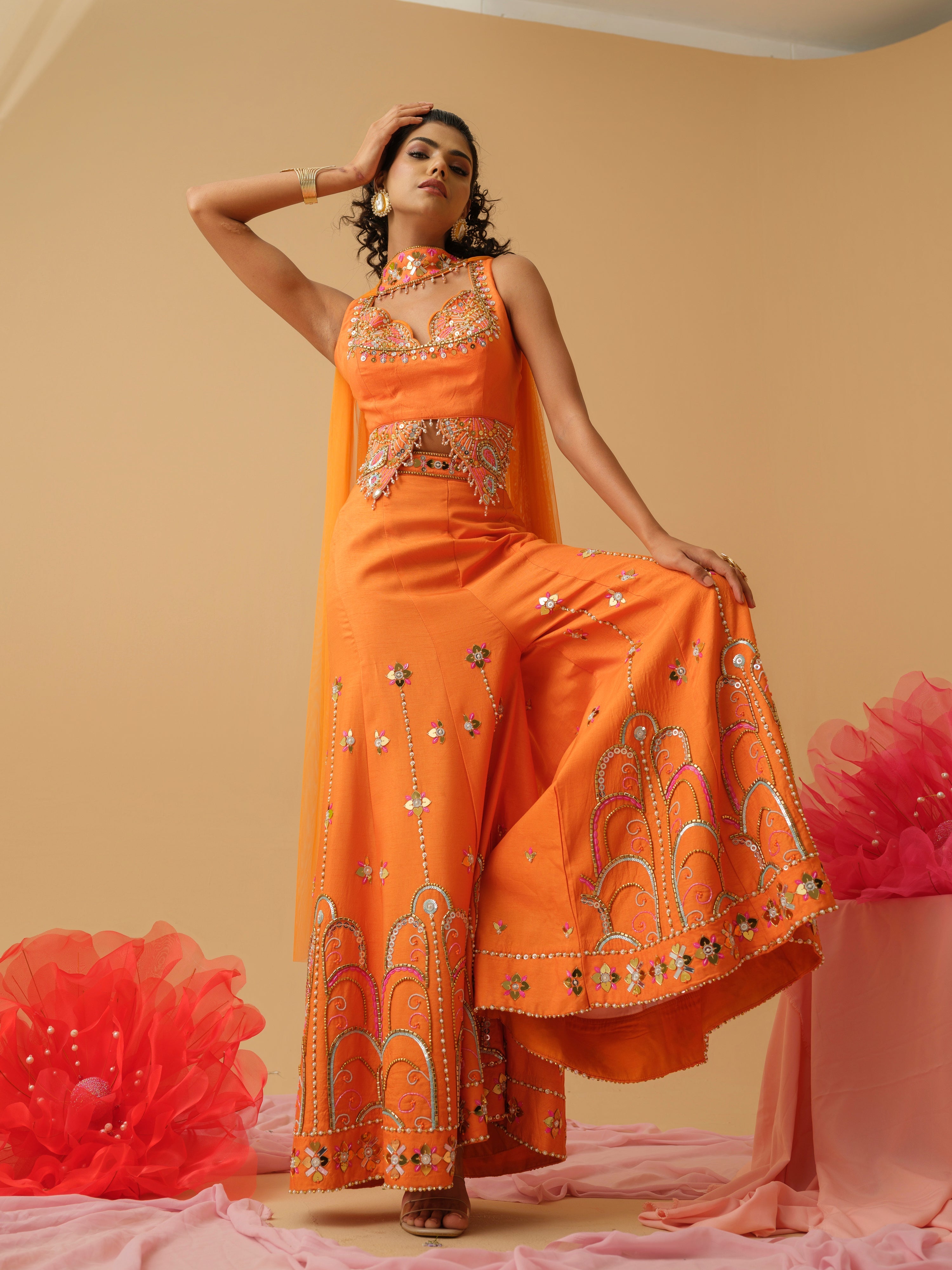 Orange Dola Silk Metalic and Sequin Beaded Work Crop Top Palazzo Set