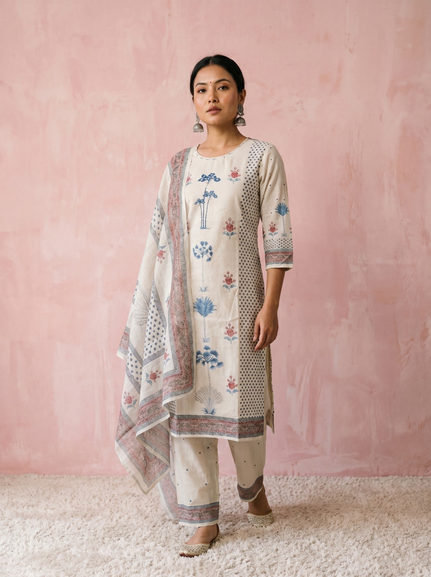 White Printed Cotton Suit Set With Dupatta