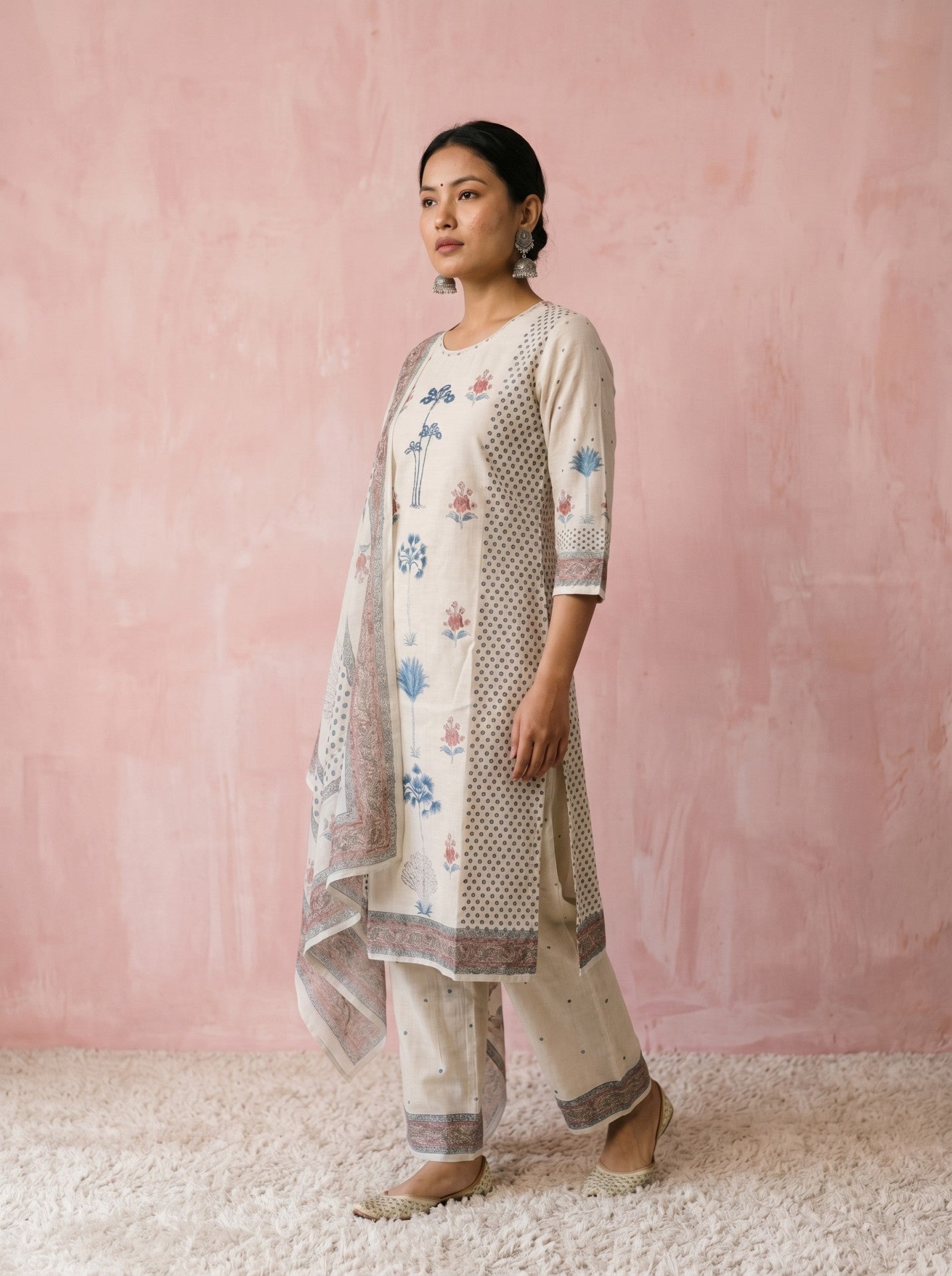 White Printed Cotton Suit Set With Dupatta