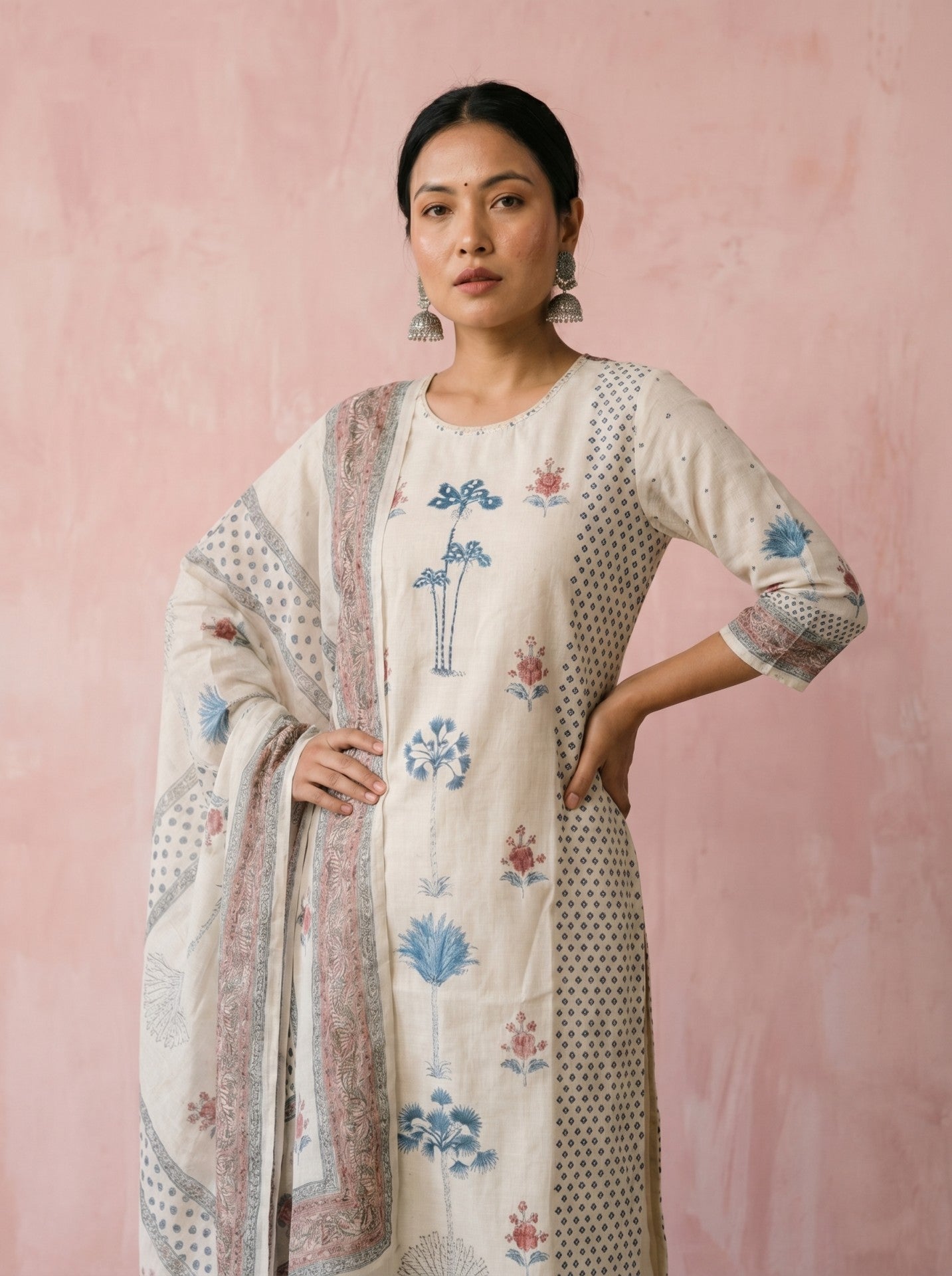 White Printed Cotton Suit Set With Dupatta