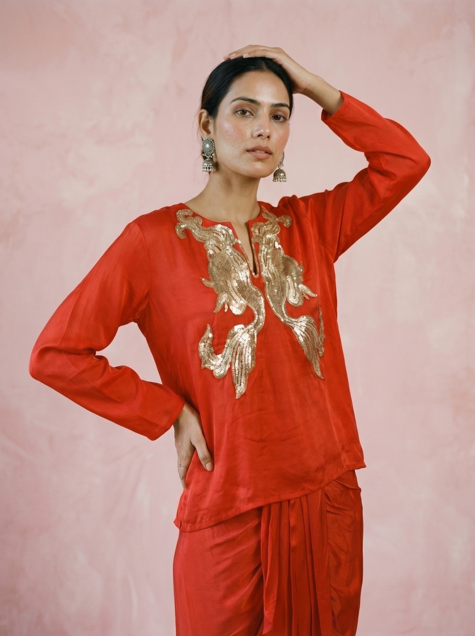 Dark Red Silk Top With Drape Skirt Indowestern