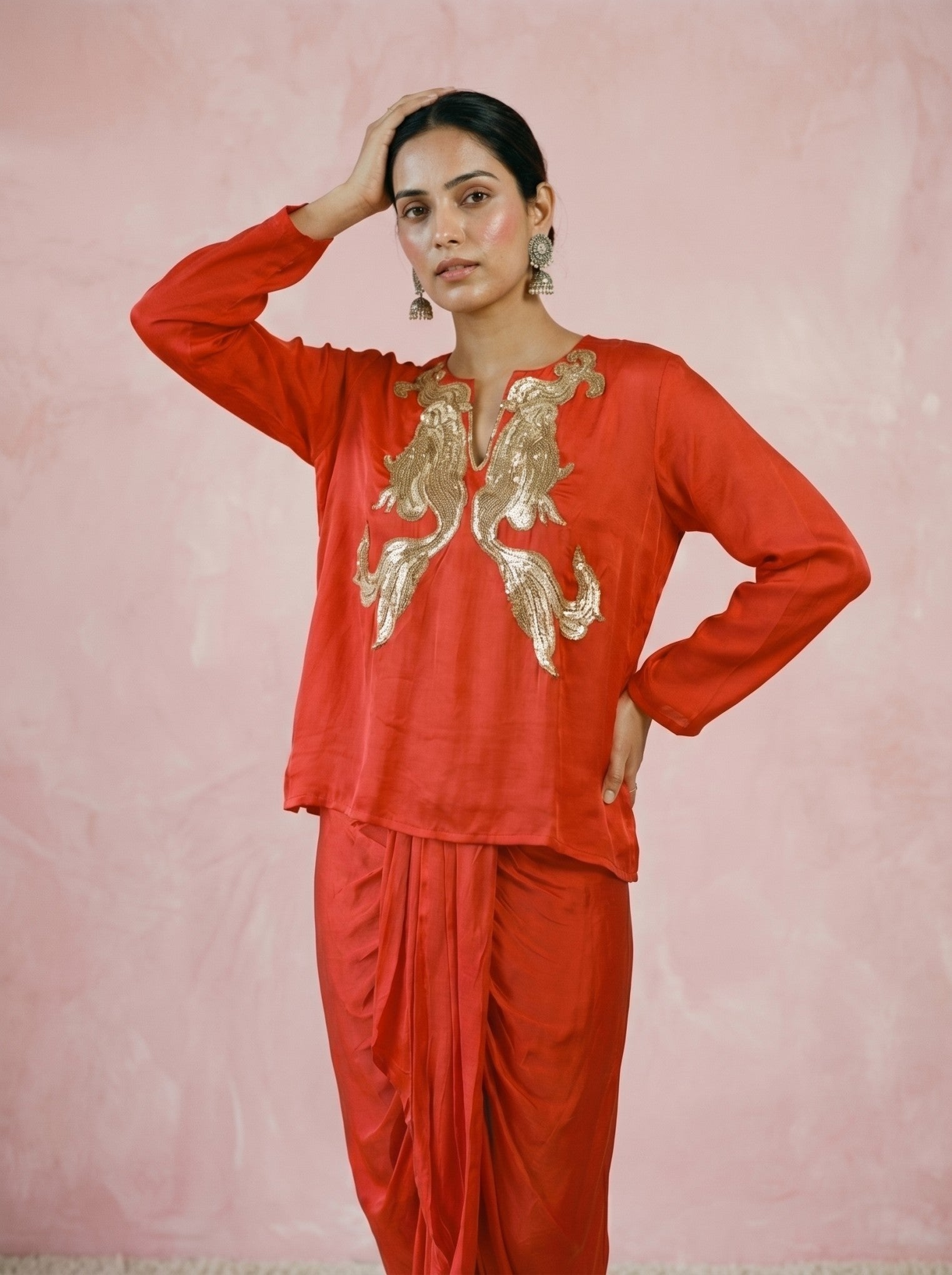 Dark Red Silk Top With Drape Skirt Indowestern