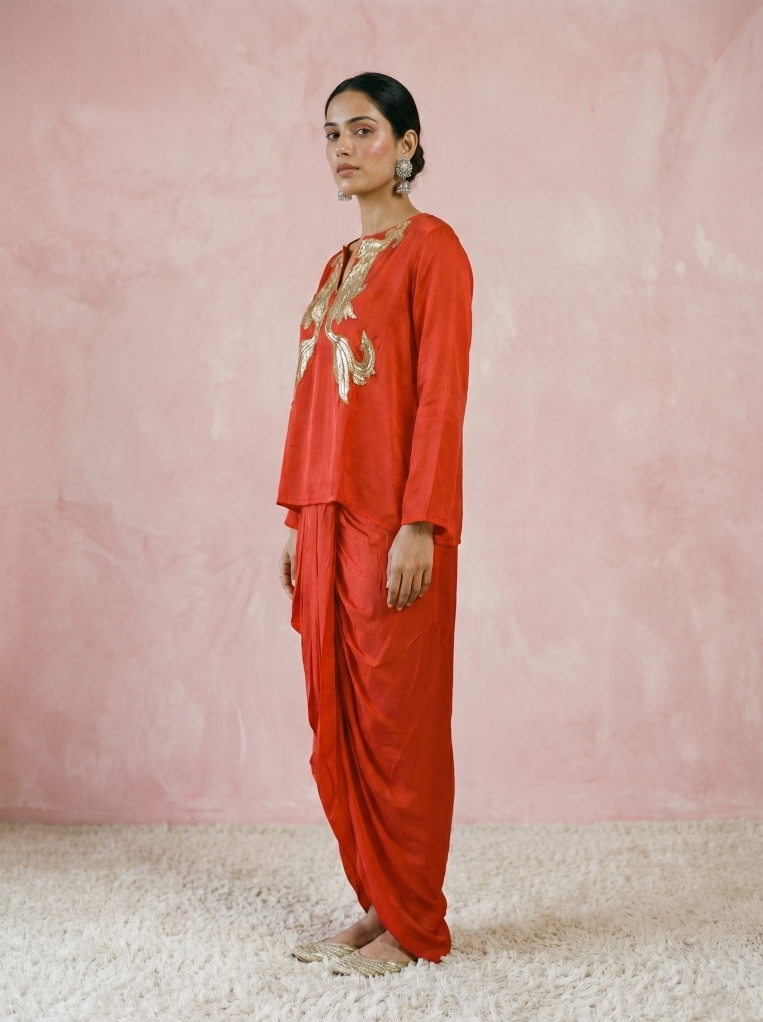 Dark Red Silk Top With Drape Skirt Indowestern