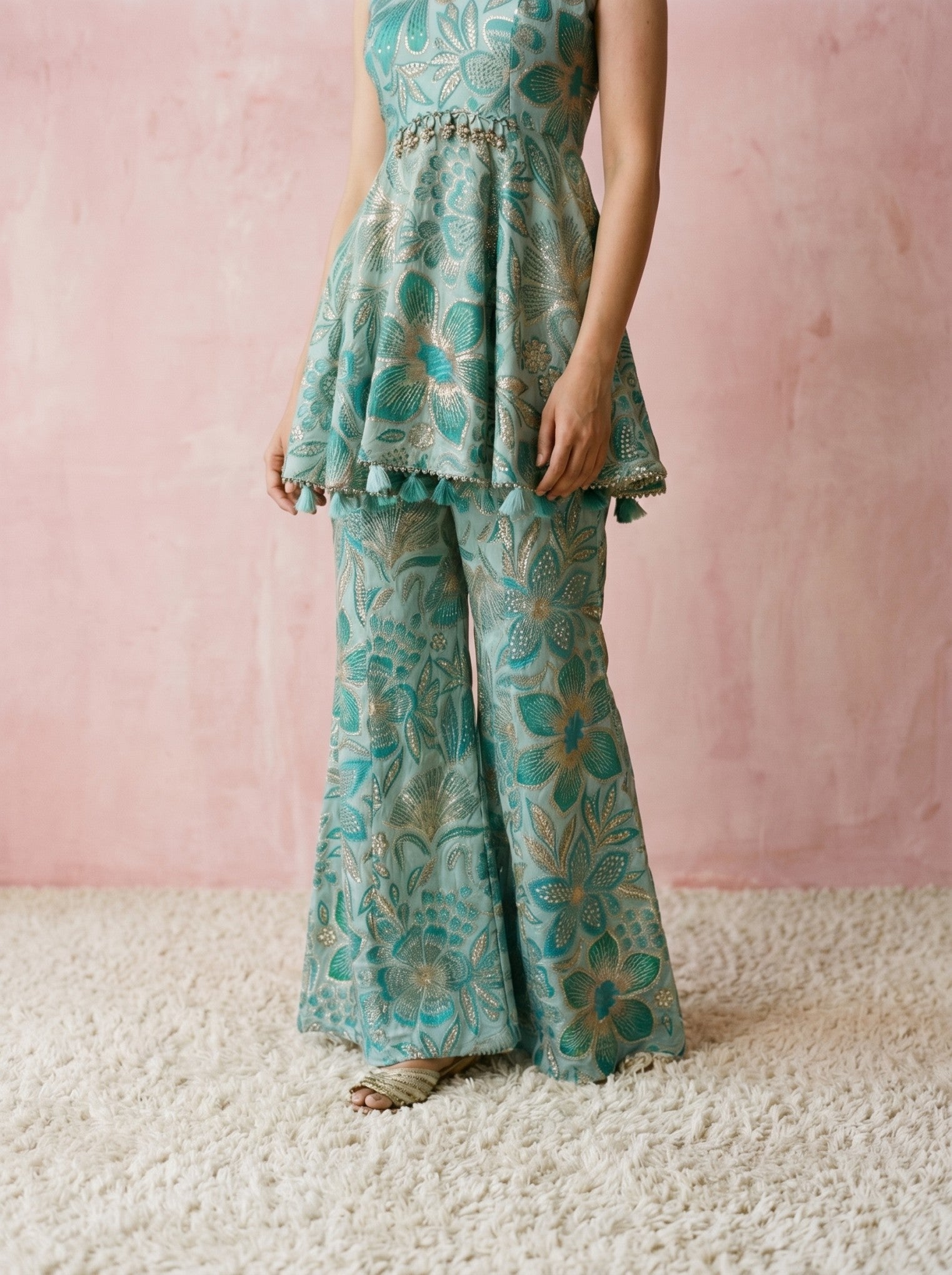 Sea Green Embroidered Sharara Suit