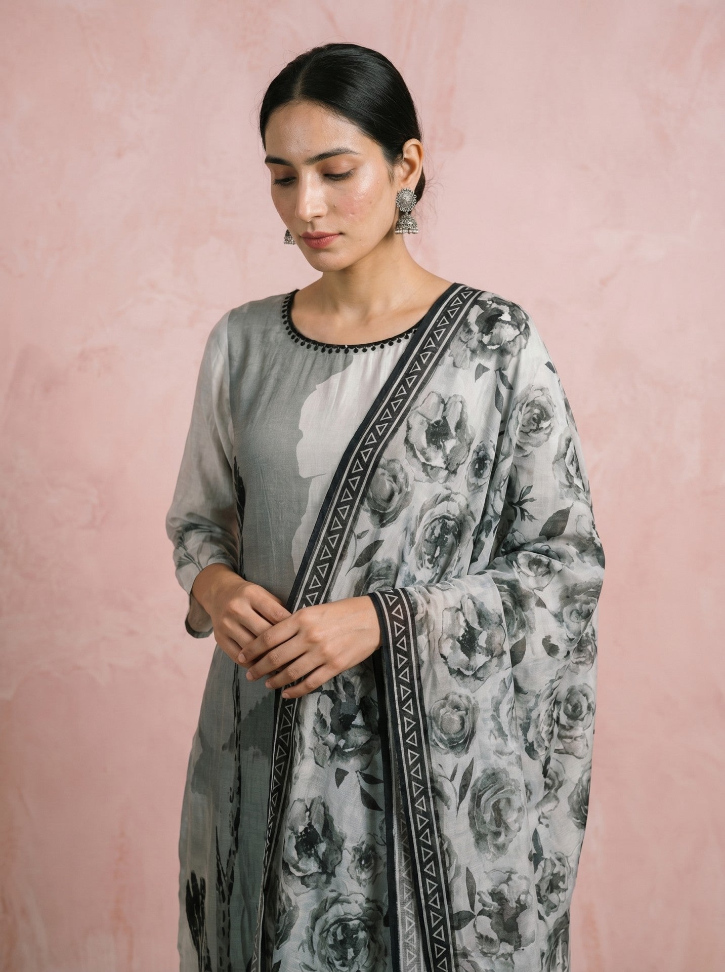 White Silk Printed Suit Set With Dupatta