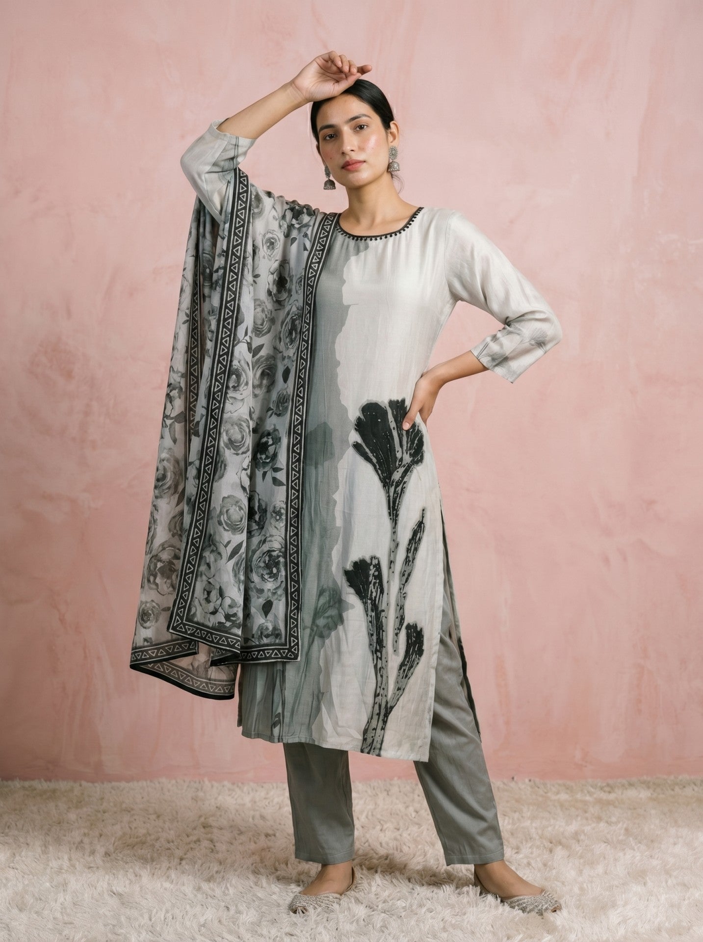 White Silk Printed Suit Set With Dupatta