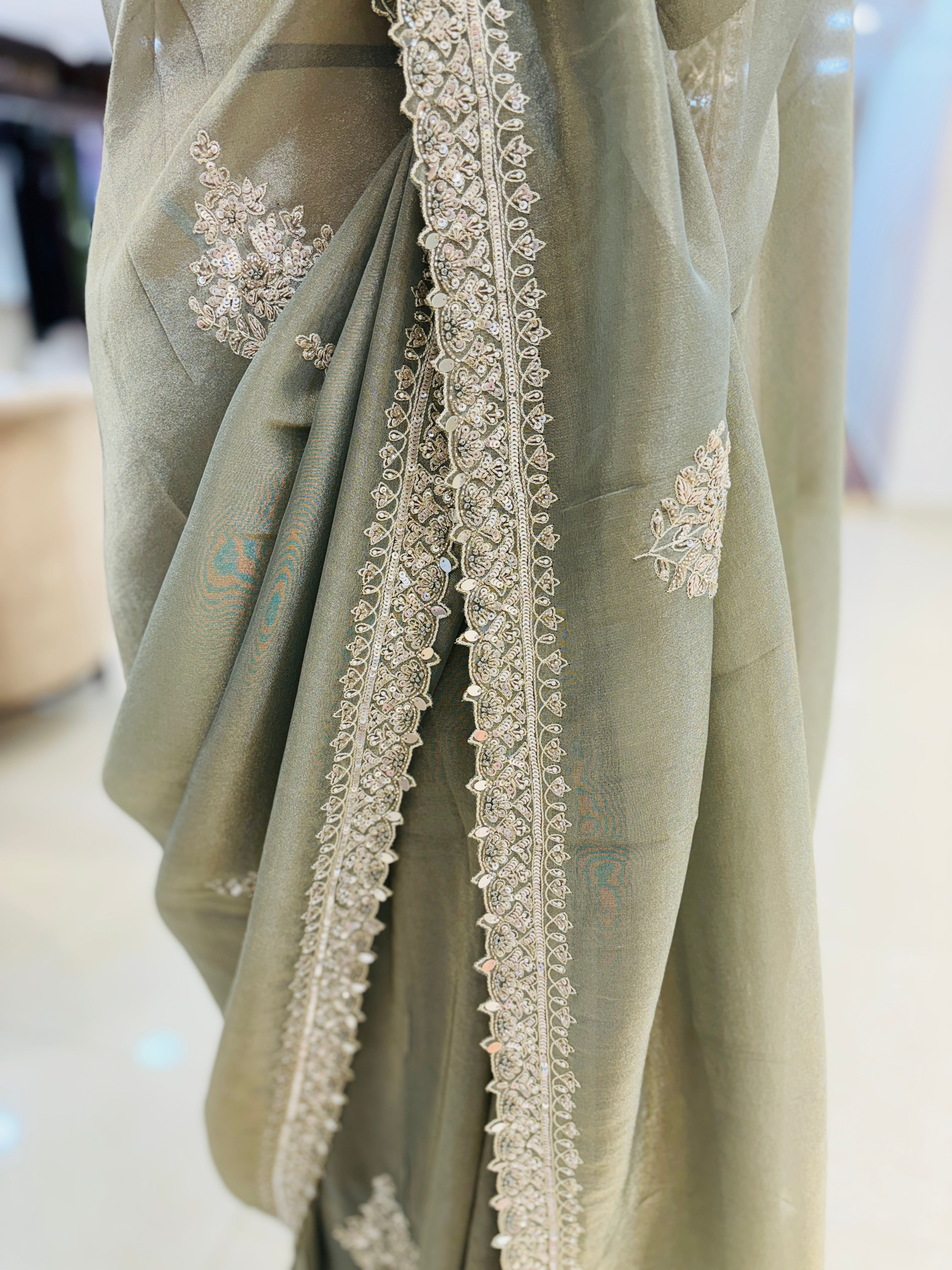 Mint Green Embroidered Tissue Saree