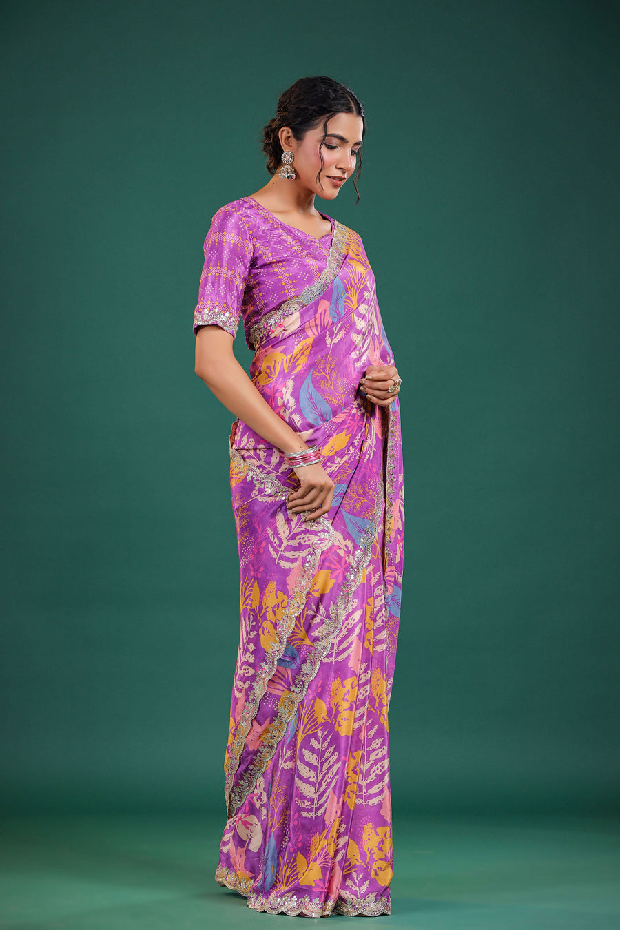 Purple Digital Print Satin Crepe Festive Saree