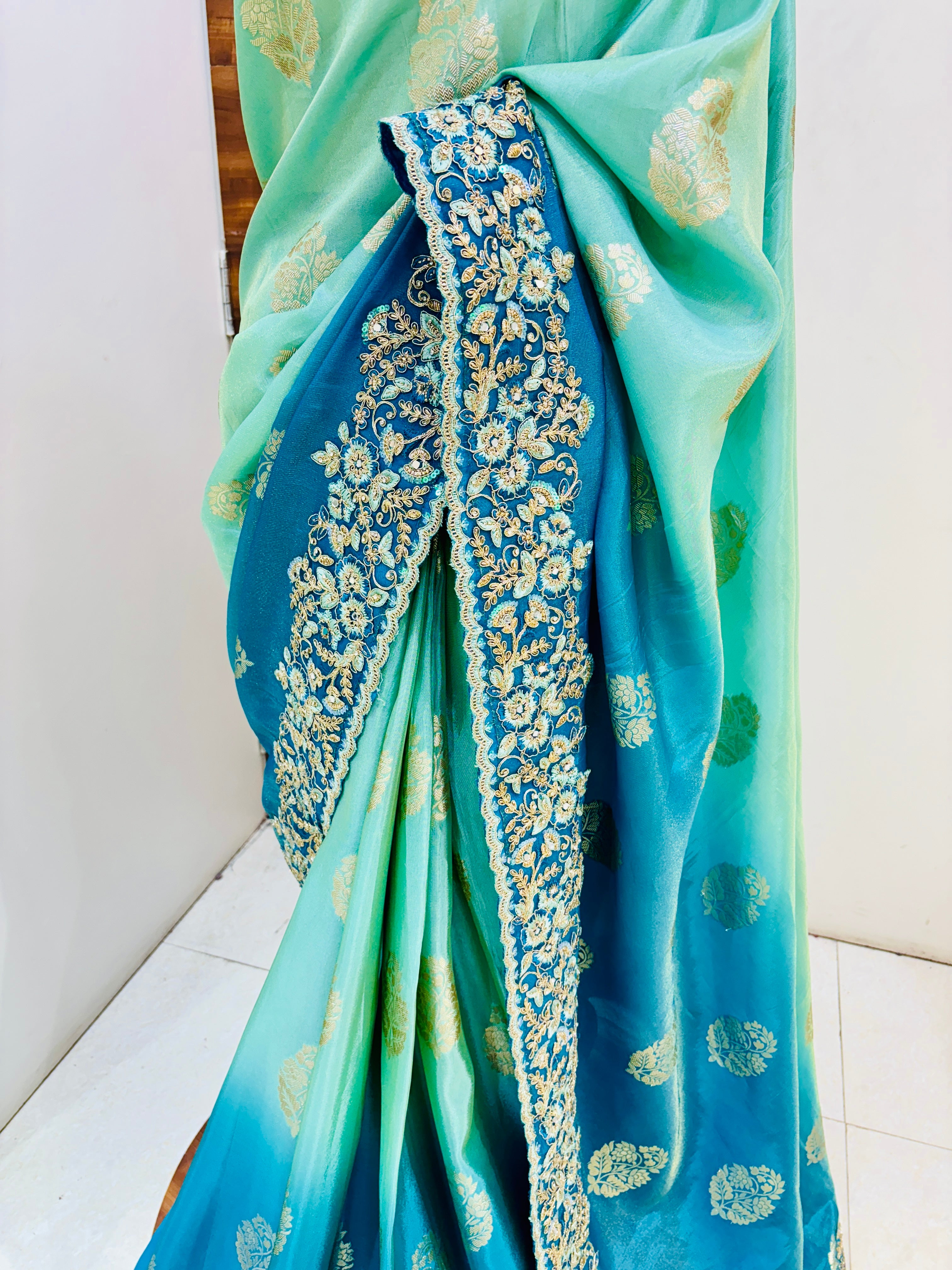 Shaded Blue Banarasi Silk Embroidery Work Saree