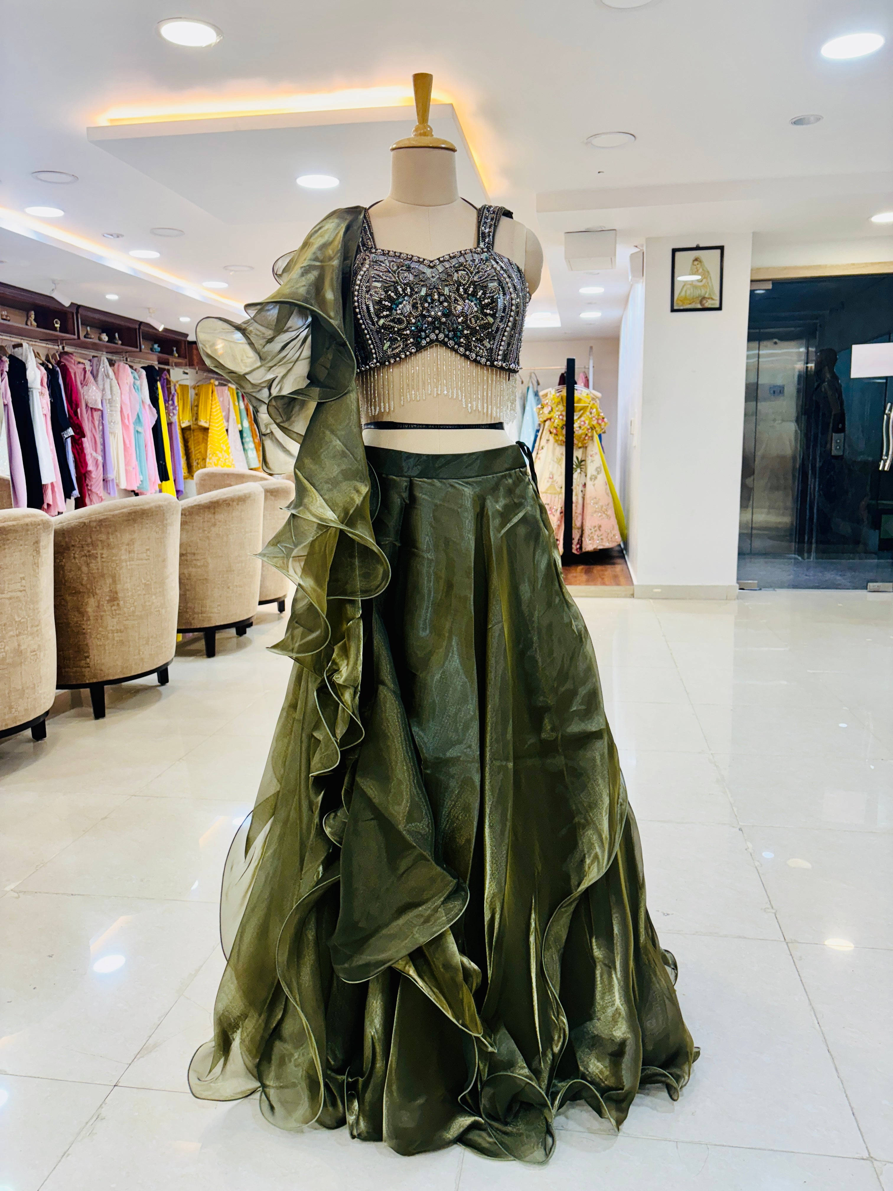 Dark Green Layer lehenga Set with ruffle dupatta