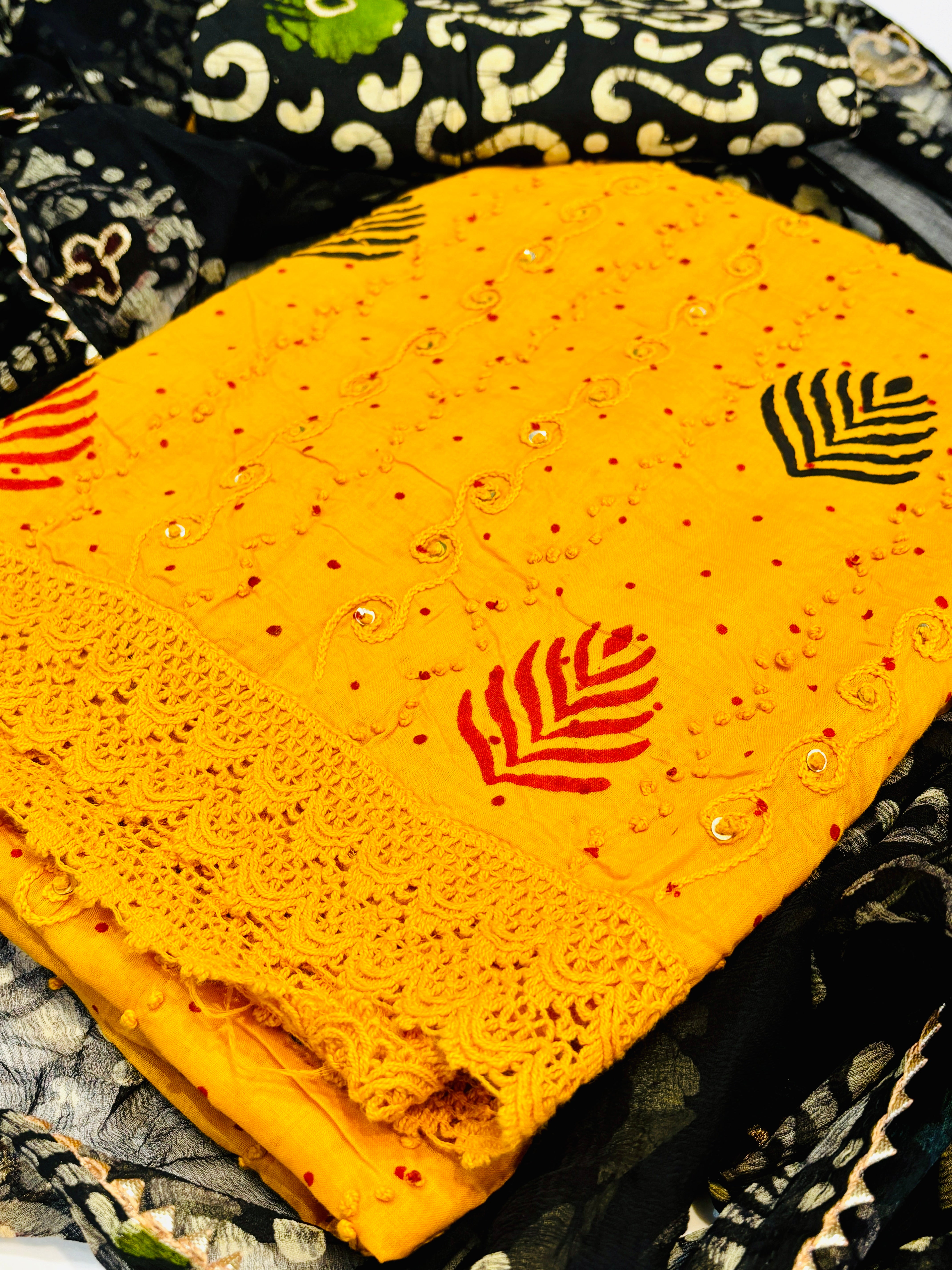 Yellow Thread Work Cotton Dress Material with Bandhani Dupatta