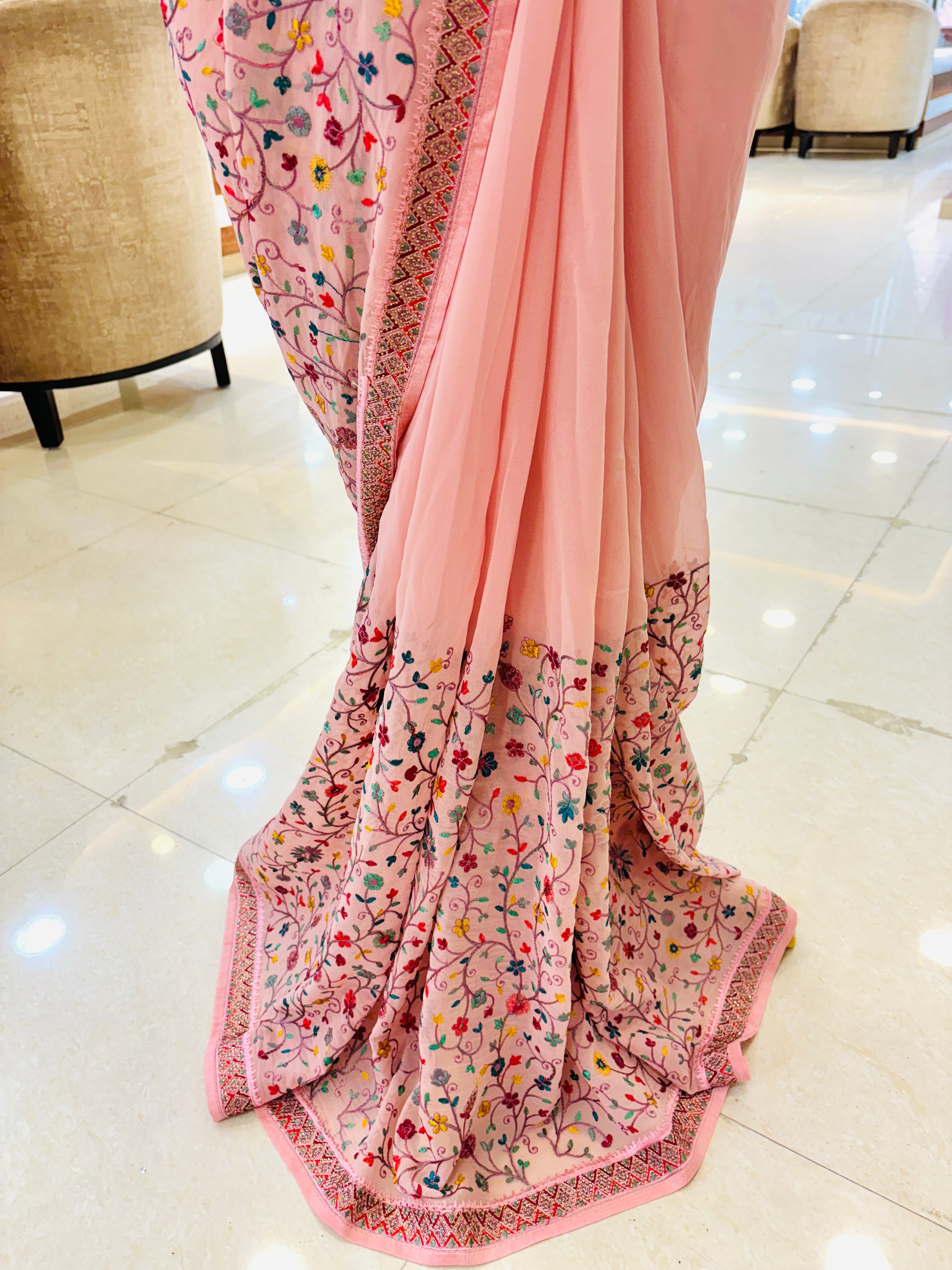 Light Pink Kashmiri Woven Georgette Saree