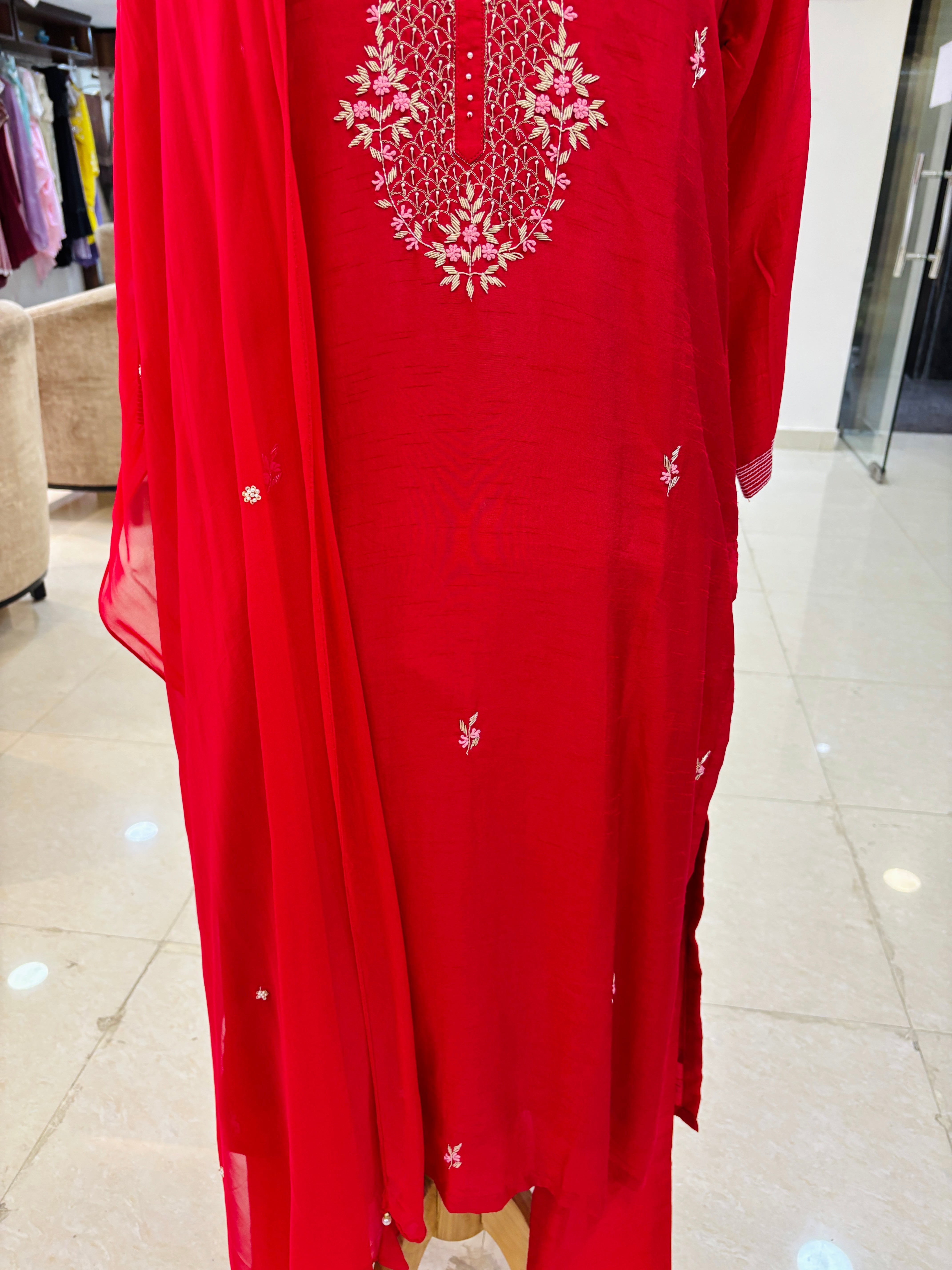 Dark Red Hand Work Suit With Dupatta