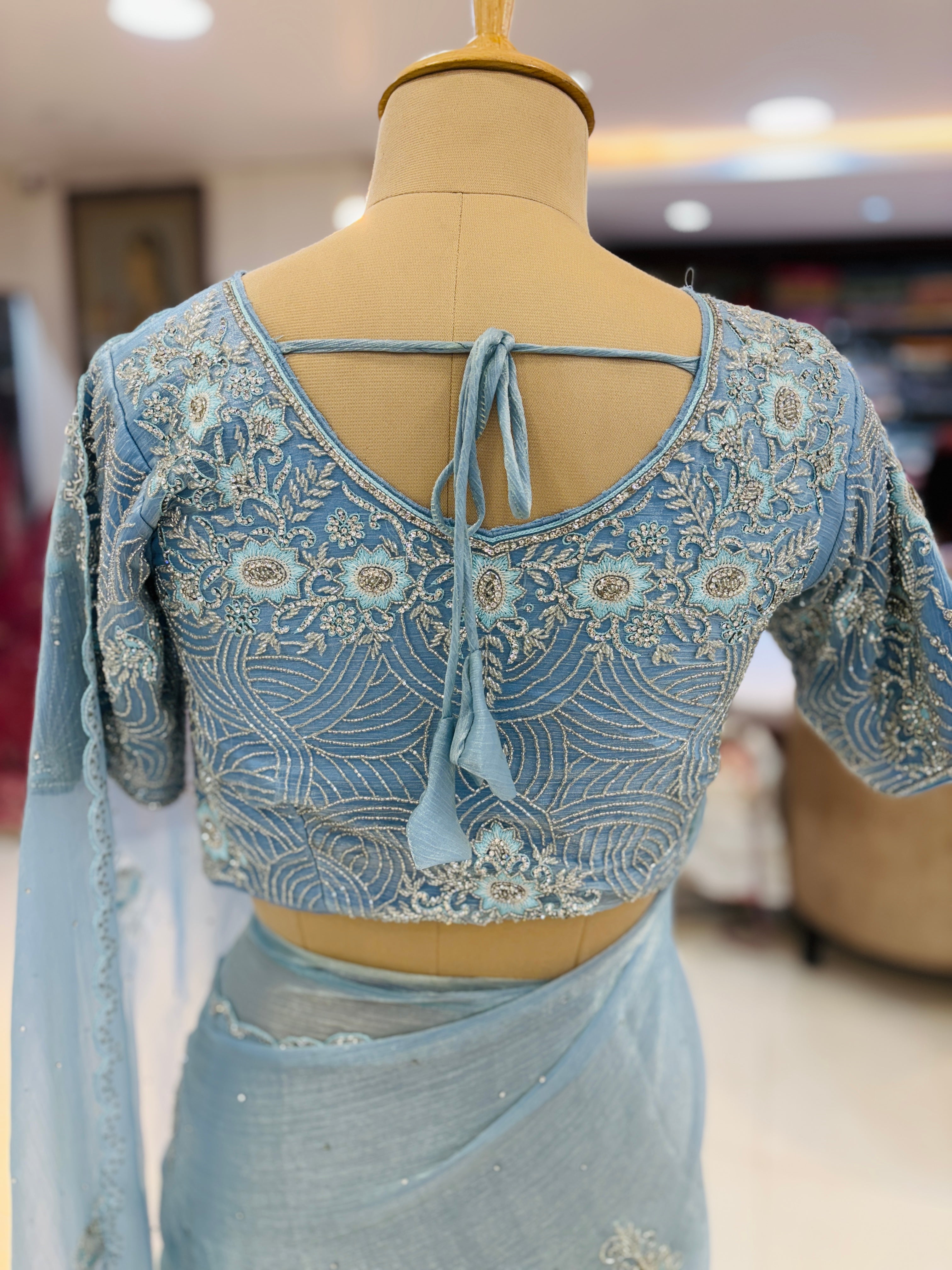 Sky Blue Tissue Chiffon Saree With Readymade Blouse