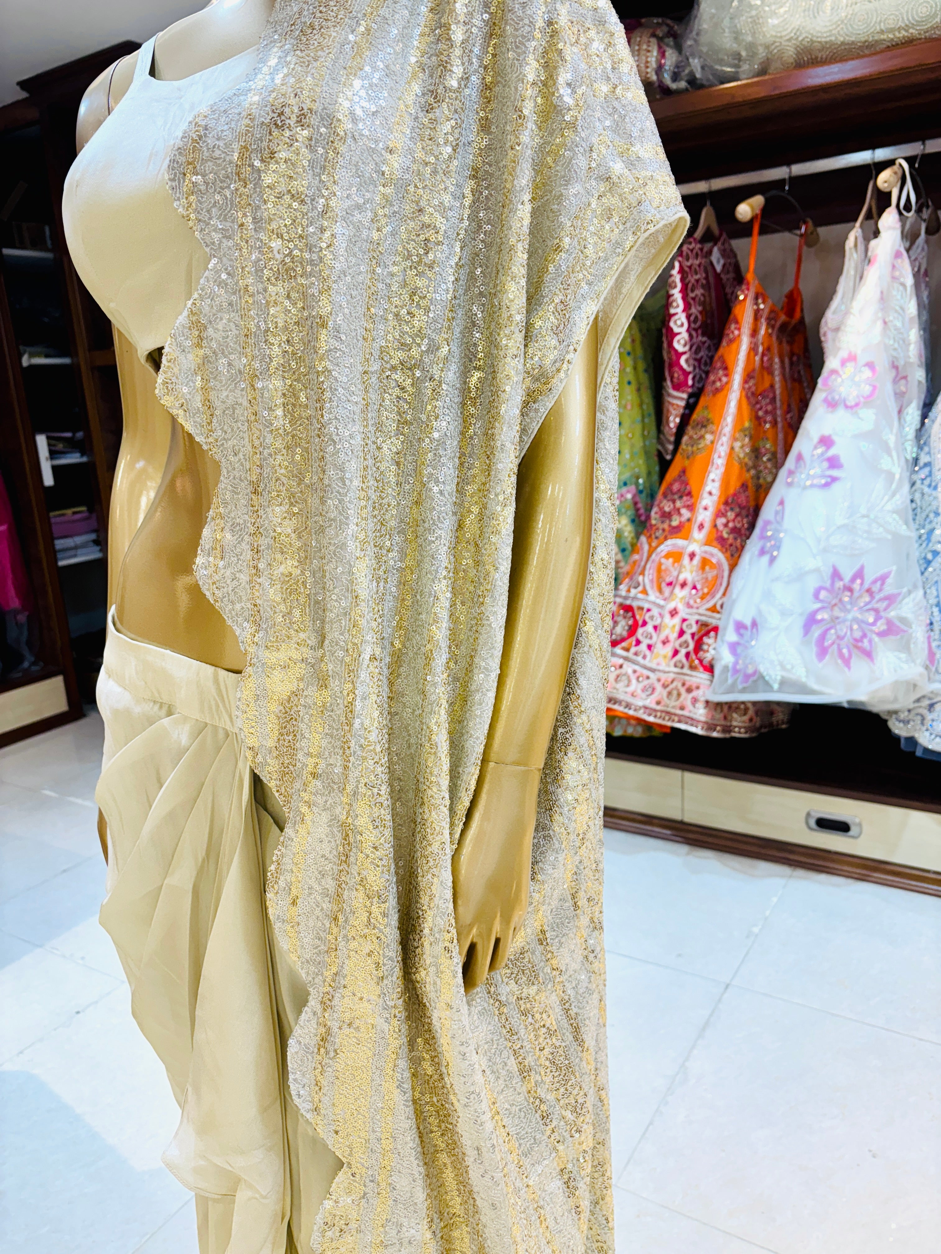 Off white chinnon silk indowestern with dhoti pattern