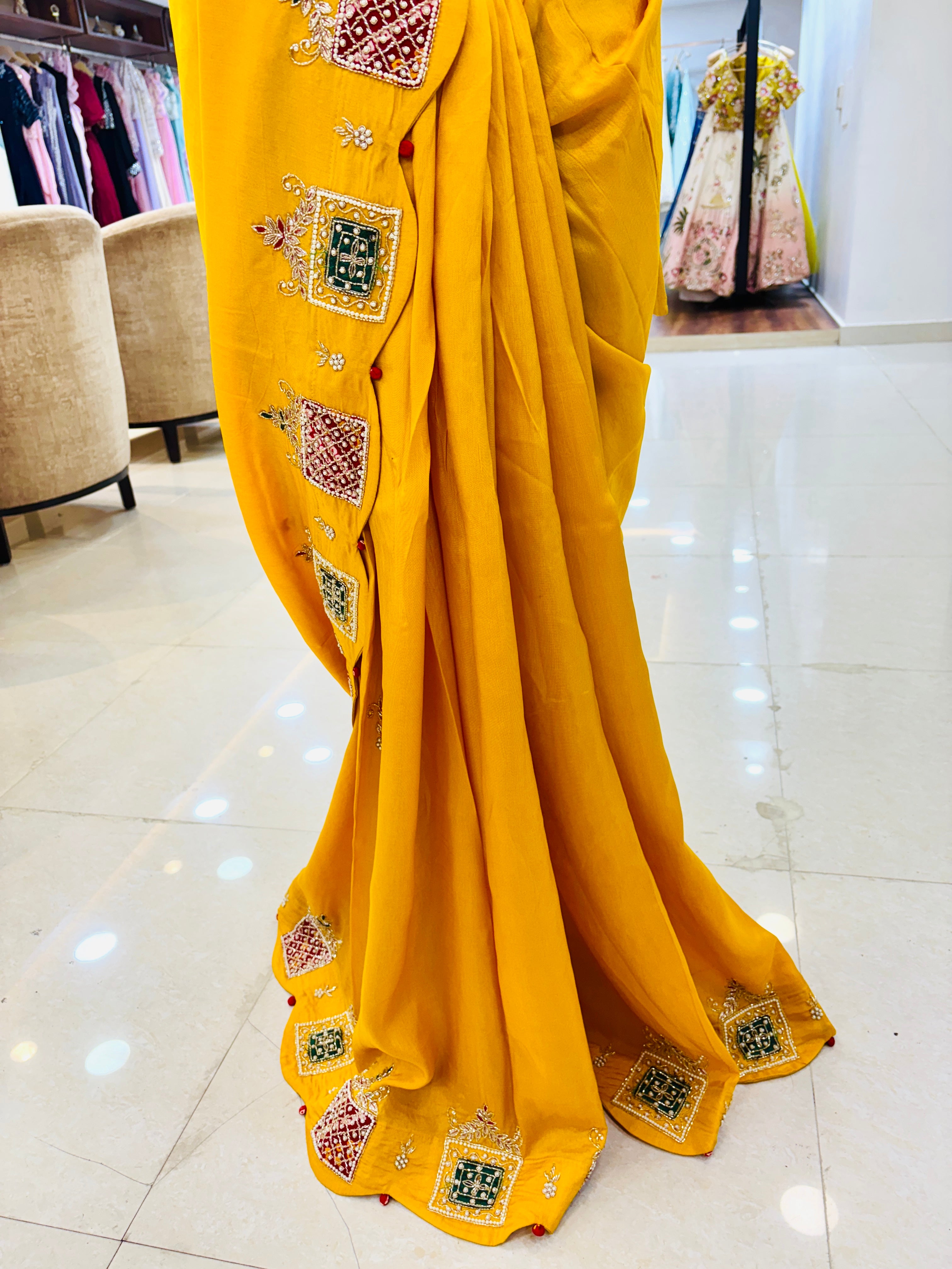 Yellow Bandhej Patch Silk Designer Saree