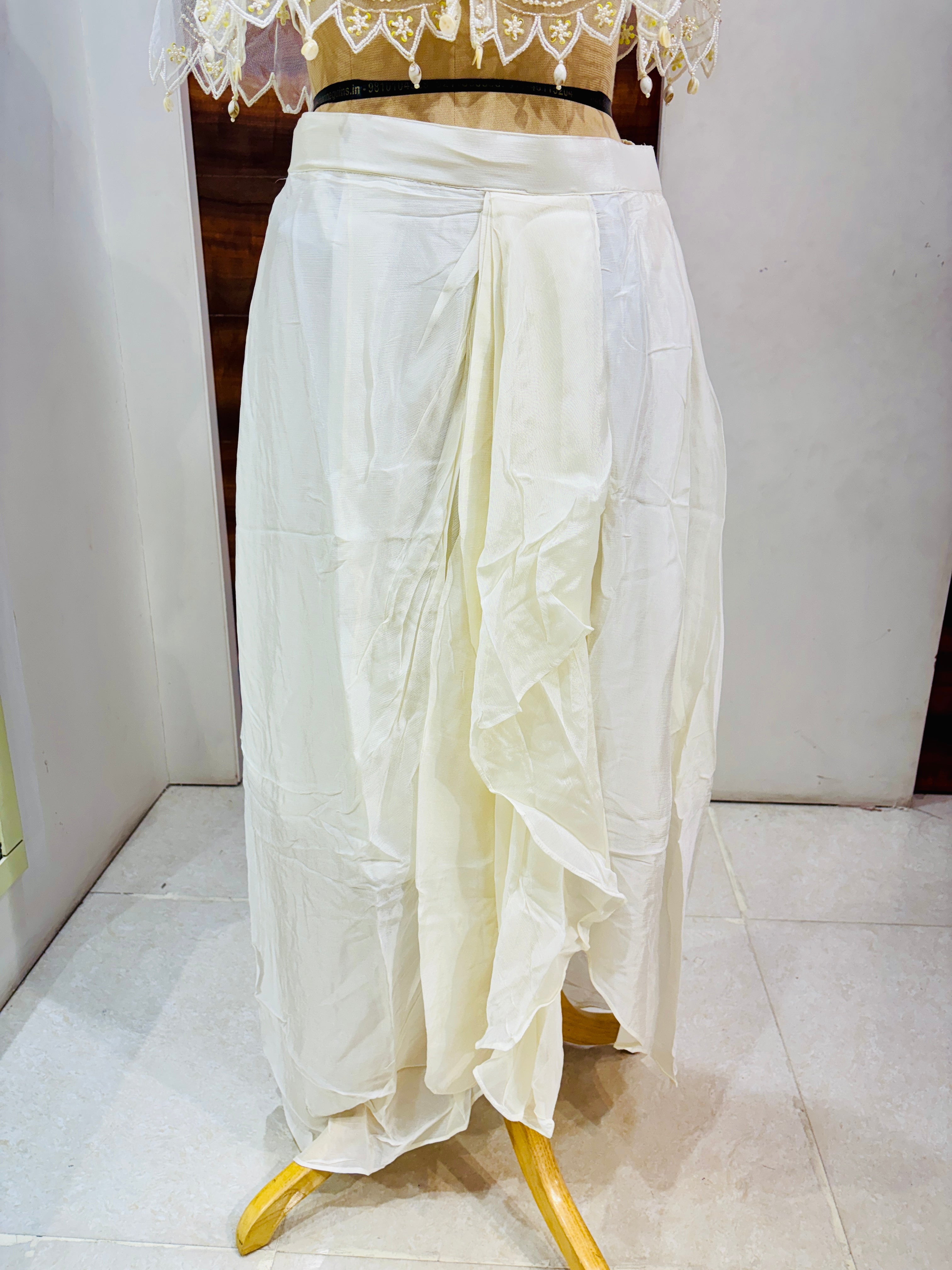 White satin crepe skirt set with poncho