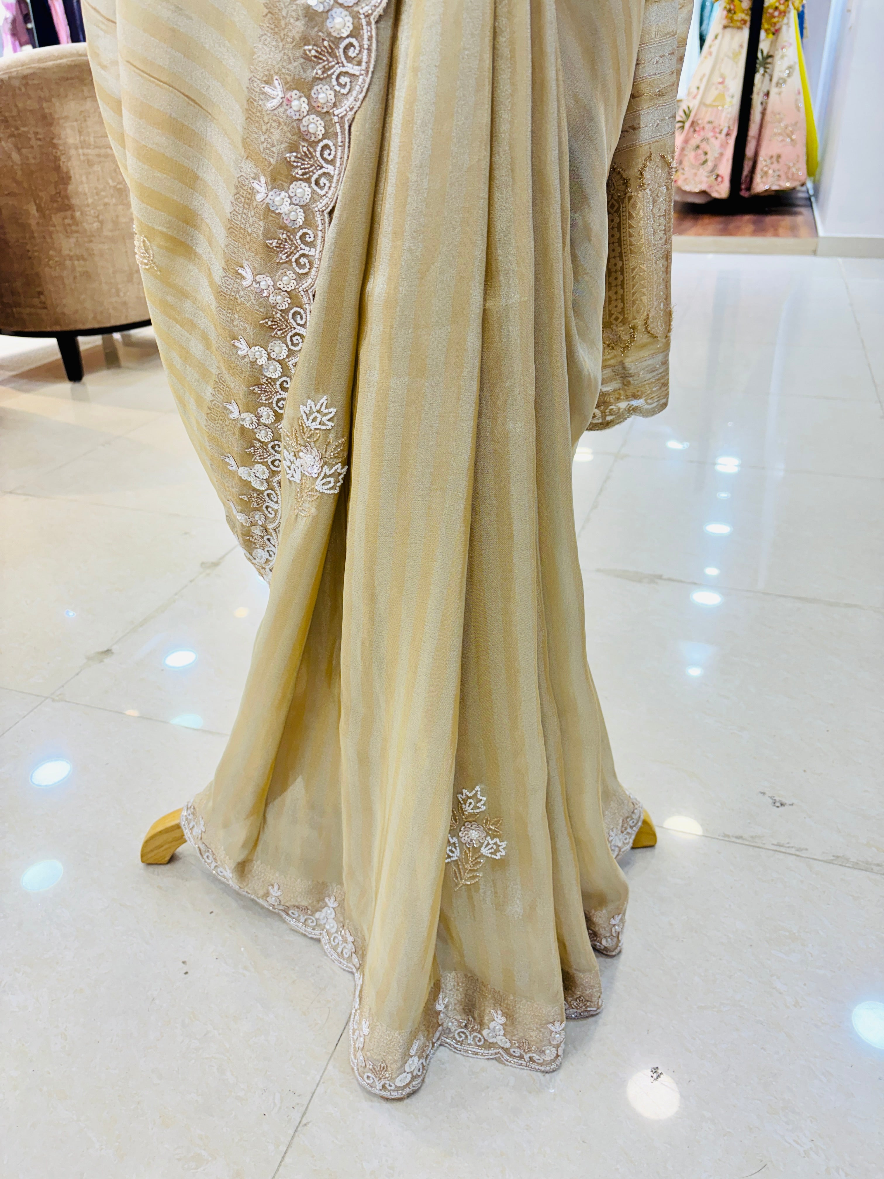 Beige Pure Silk Zari Banarasi Hand Work Saree