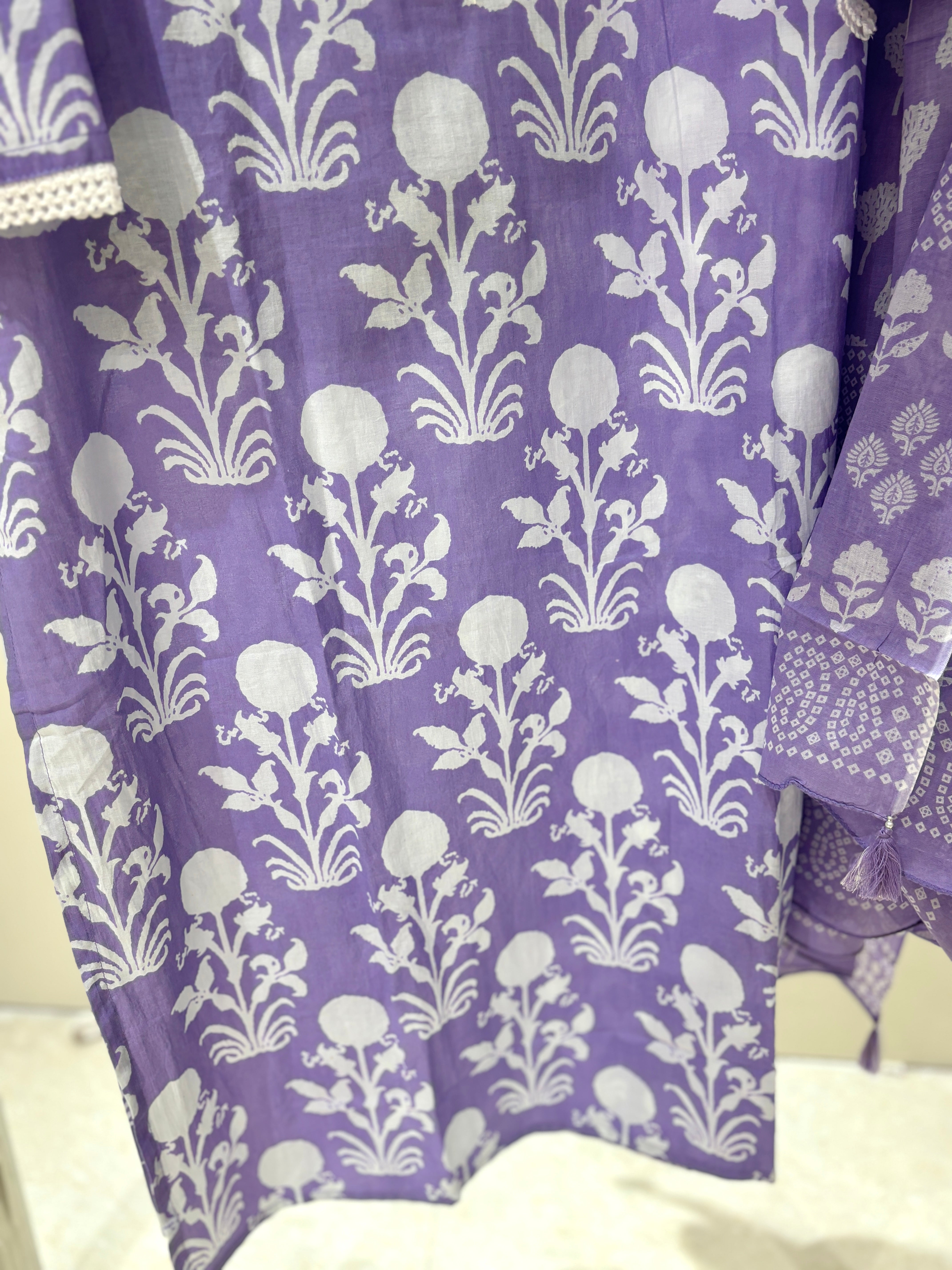 Purple Printed Cotton Suit Set