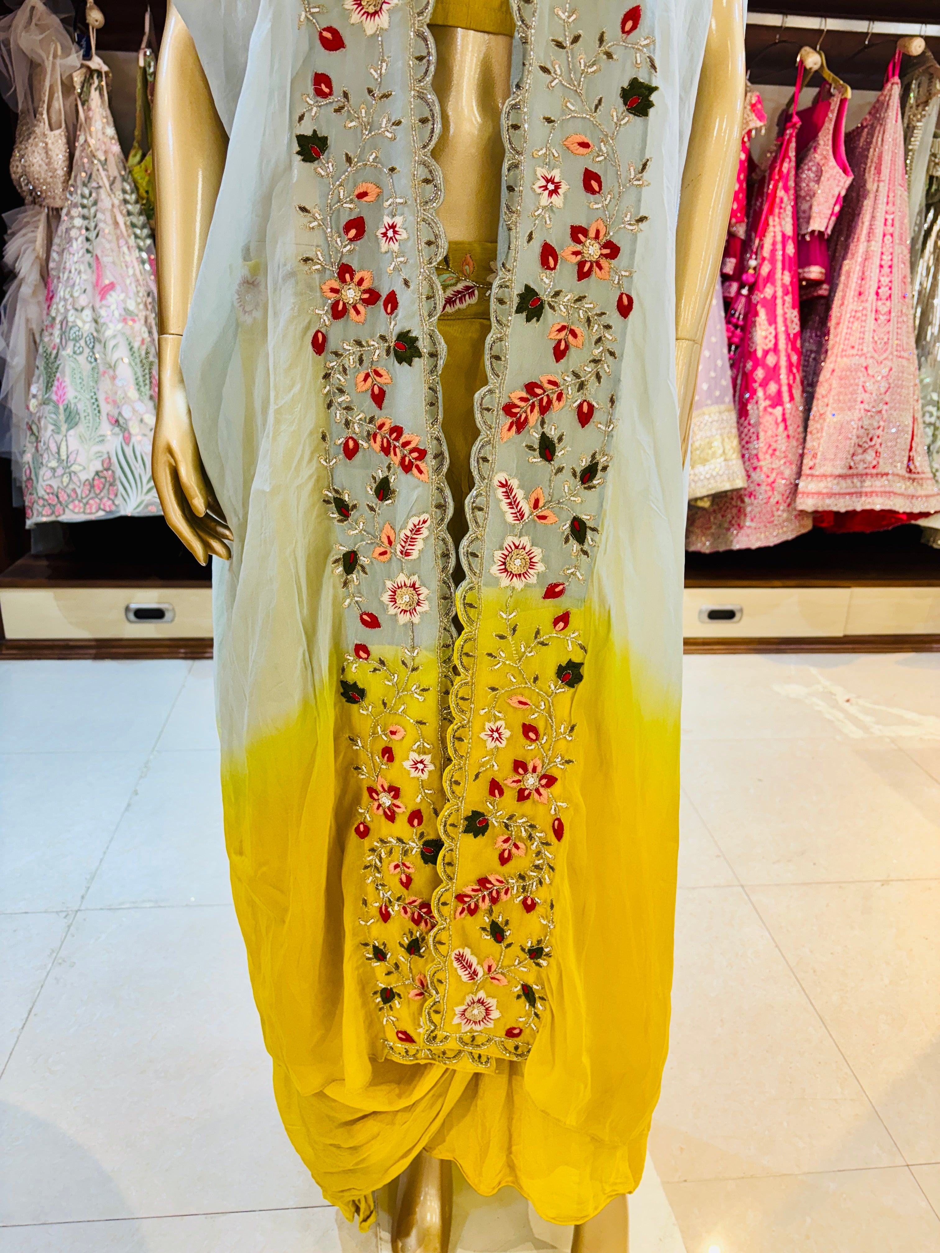 Shaded Grey & Yellow Shrug with dhoti pattern