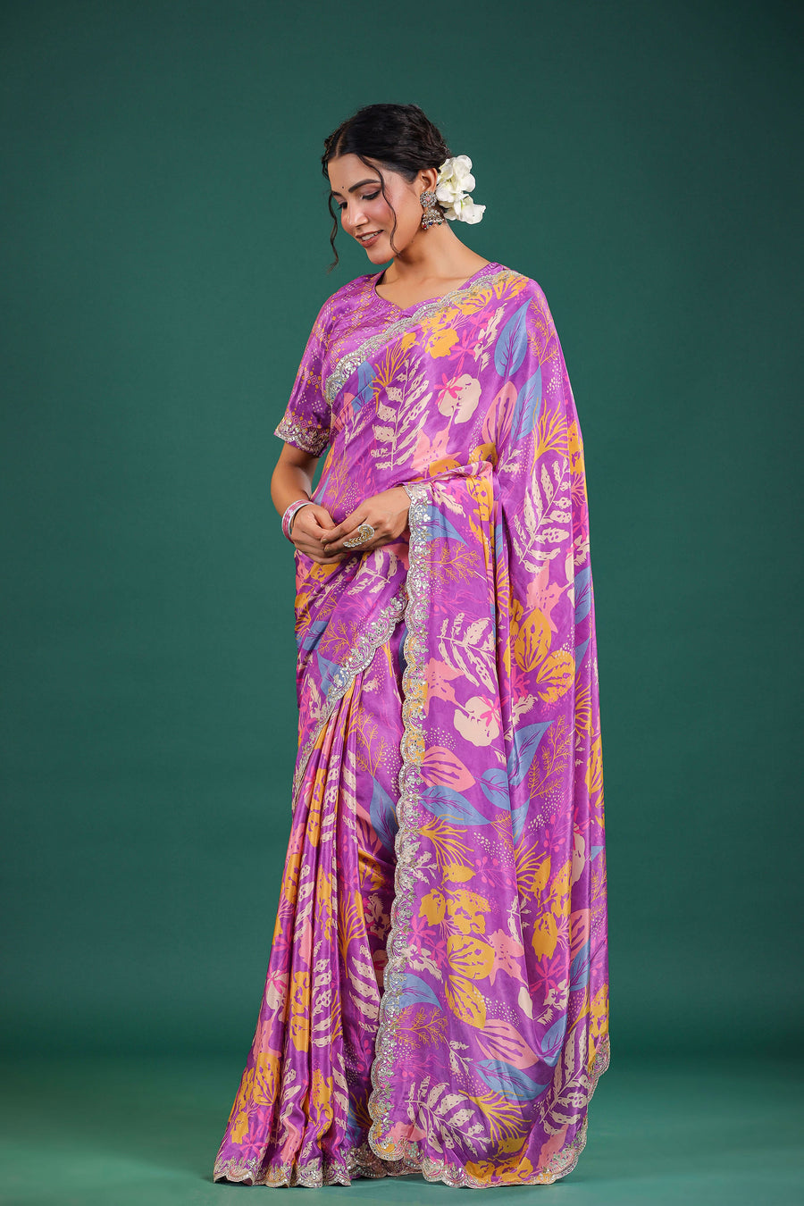 Purple Digital Print Satin Crepe Festive Saree