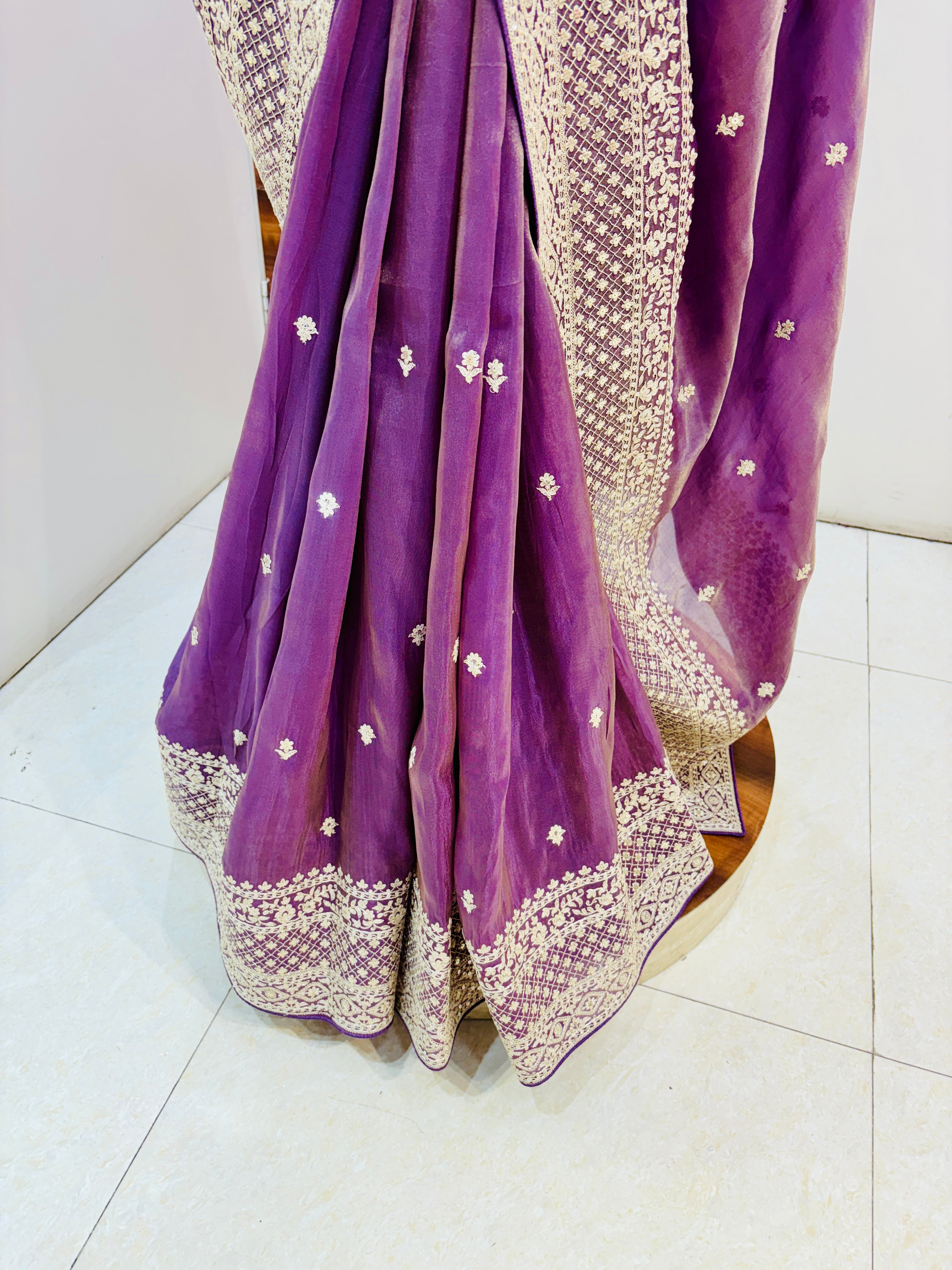 Purple Hand Embroidered Tissue Saree