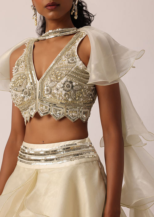 Gold Layer lehenga Set with ruffle dupatta and pearl Embroidery