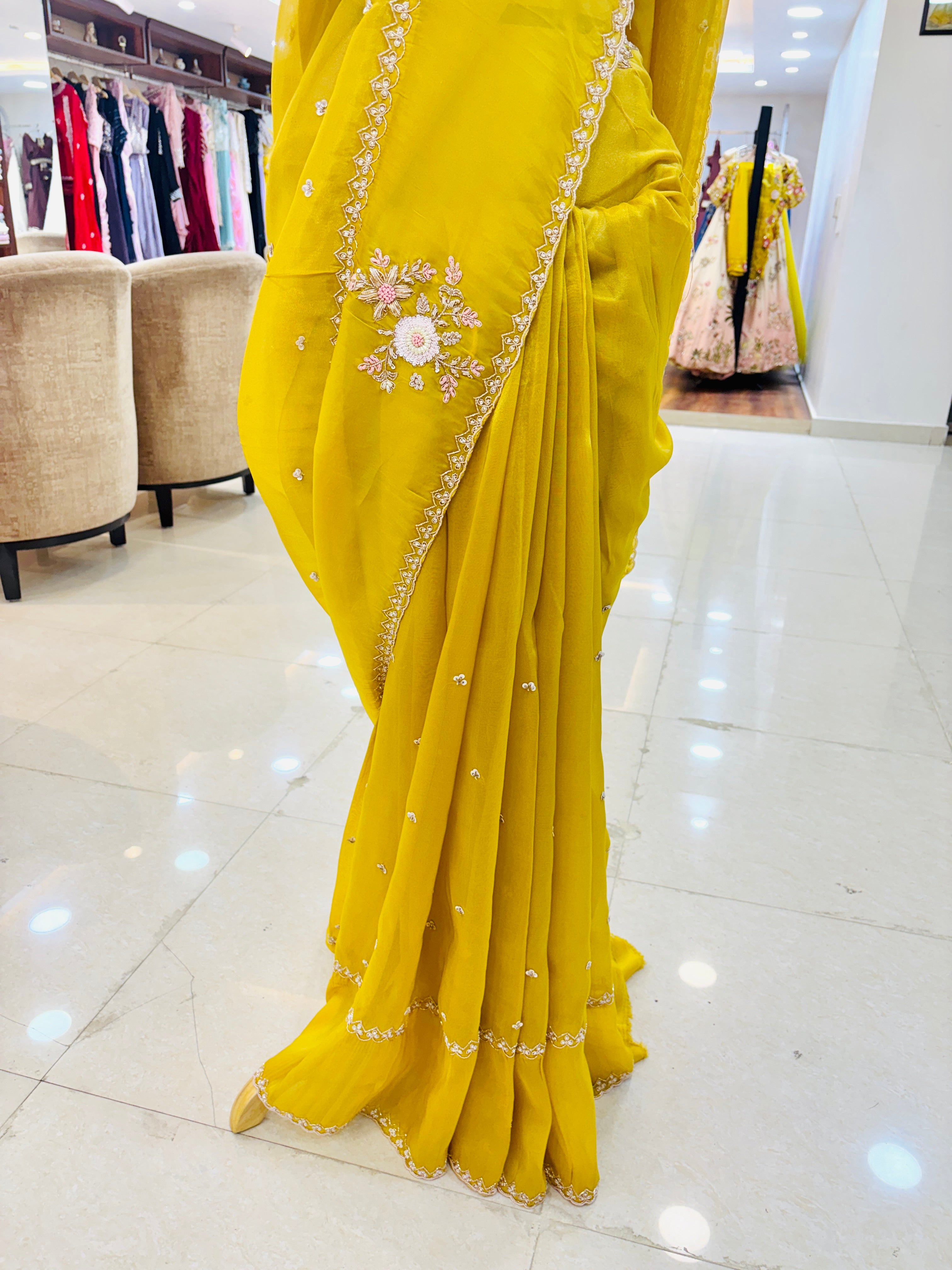 Yellow Hand Work Silk Designer Saree