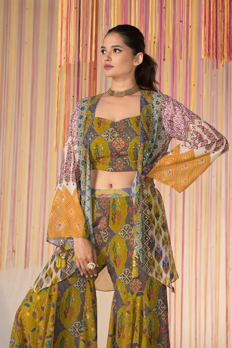 Sheen Green Printed Organza Silk Cape Set