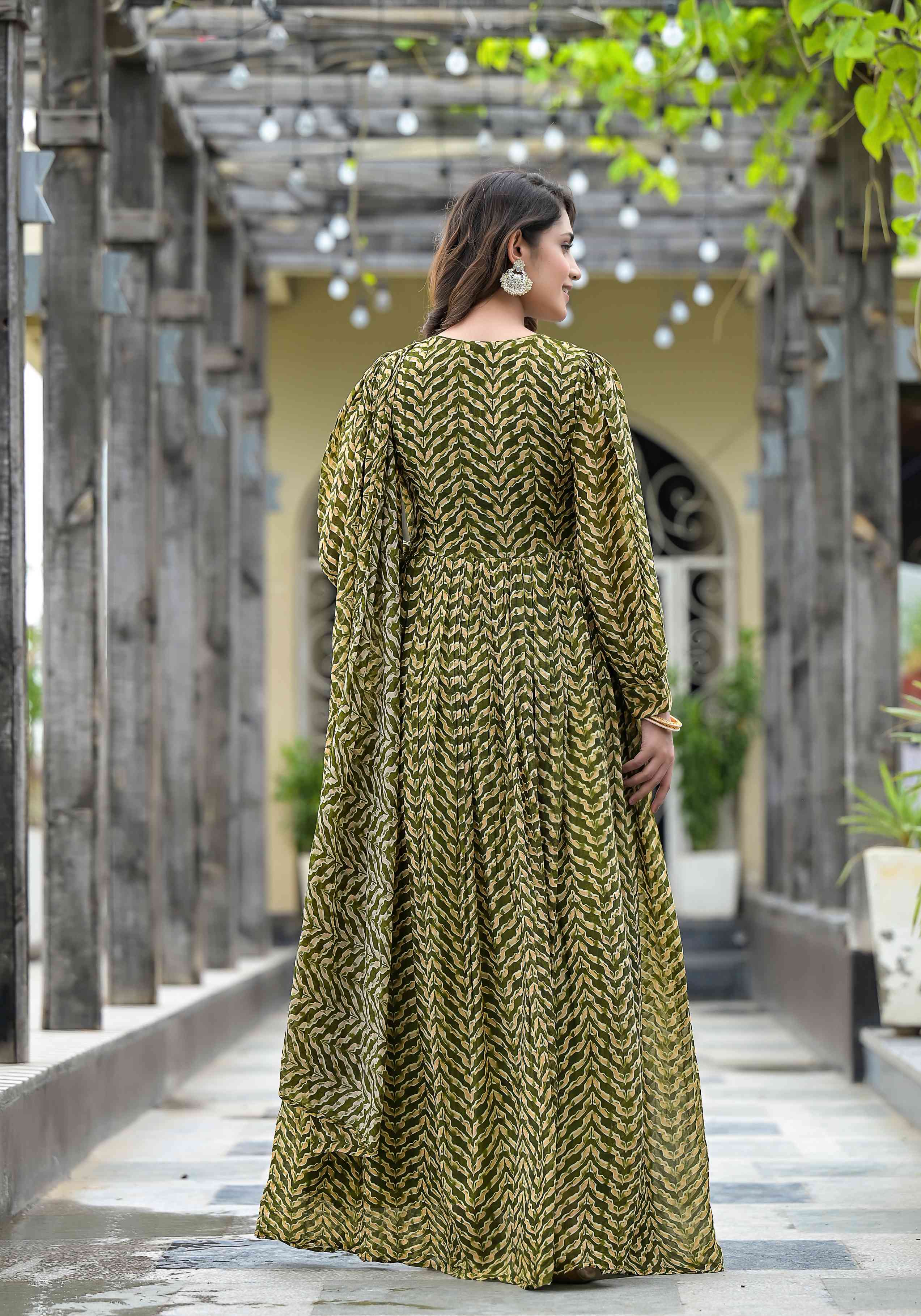 Mehendi Green Printed Georgette Gown
