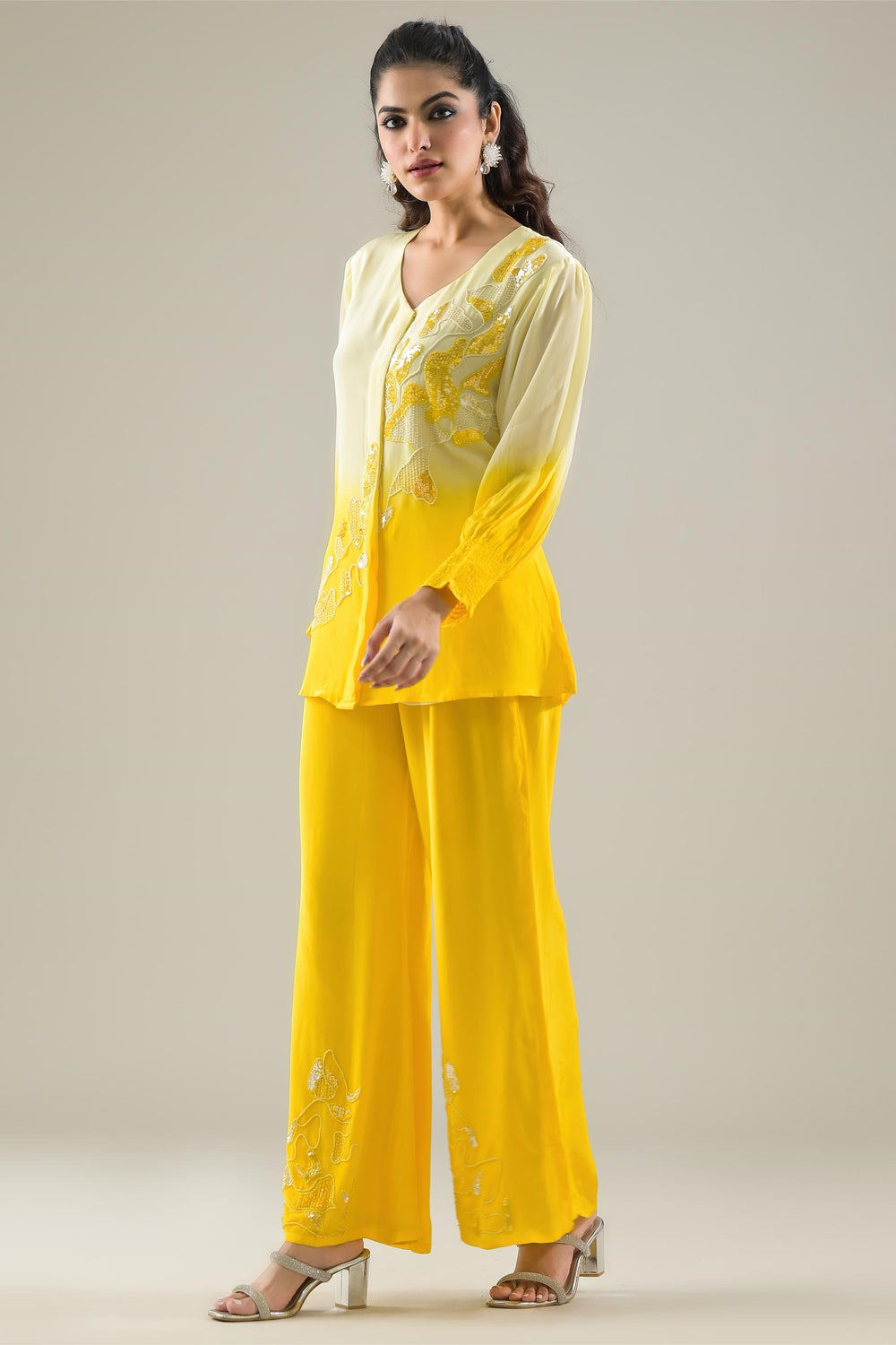 Yellow Ombre Embroidered Designer Co-Ord Set