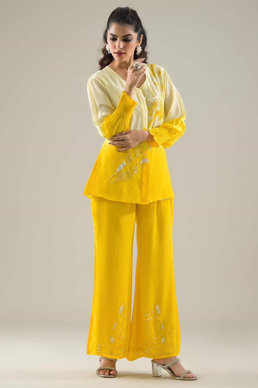 Yellow Ombre Embroidered Designer Co-Ord Set