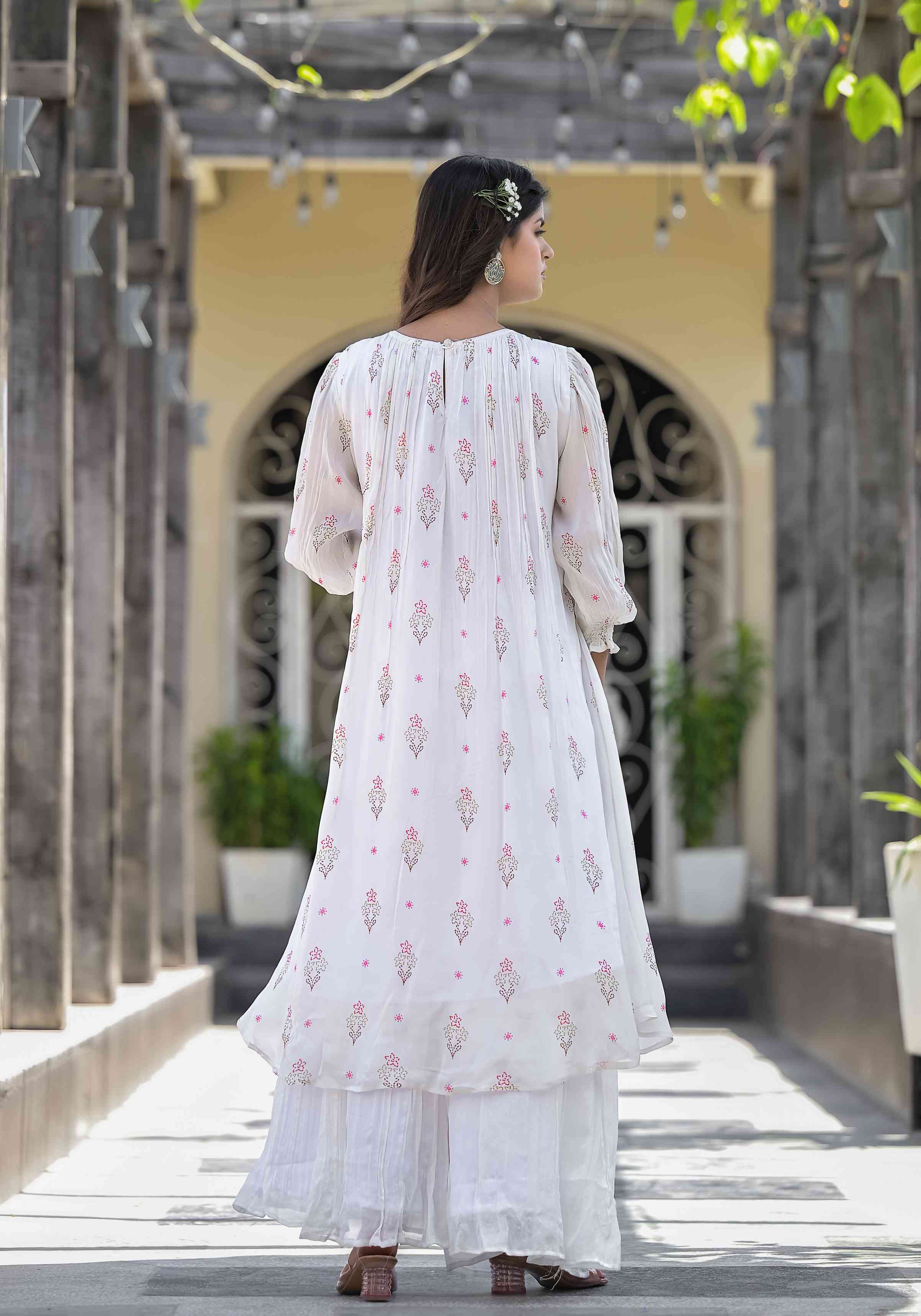 White Floral Print Chinnon Kurta With Bottom & Dupatta