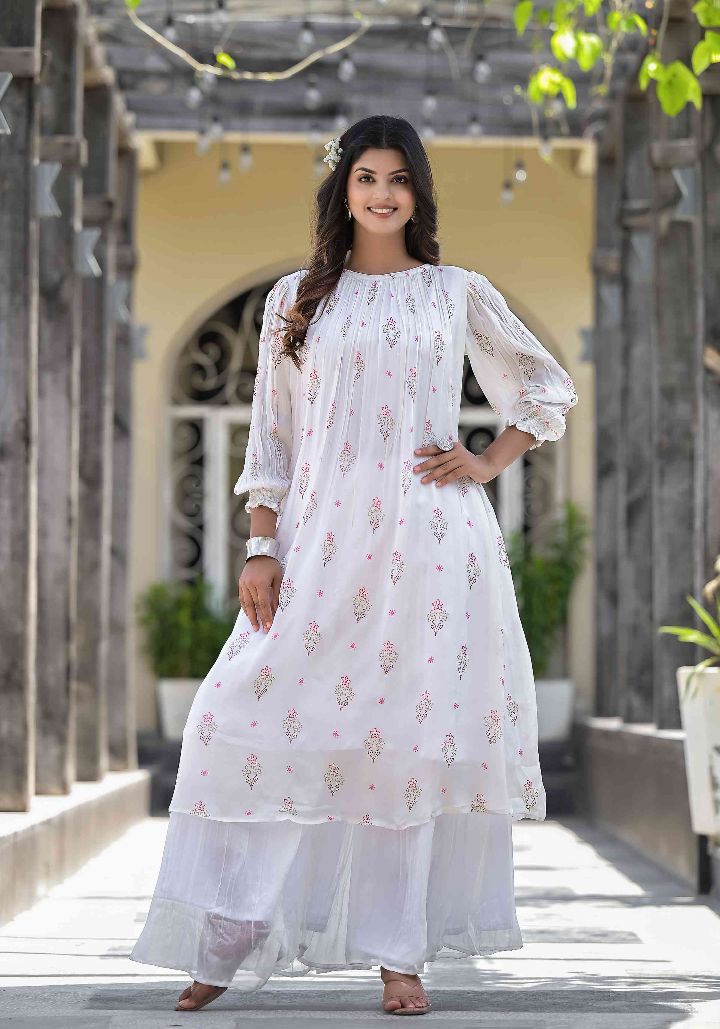 White Floral Print Chinnon Kurta With Bottom & Dupatta