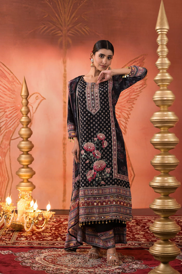 Black Ethnic Printed Crepe Silk Palazzo Set