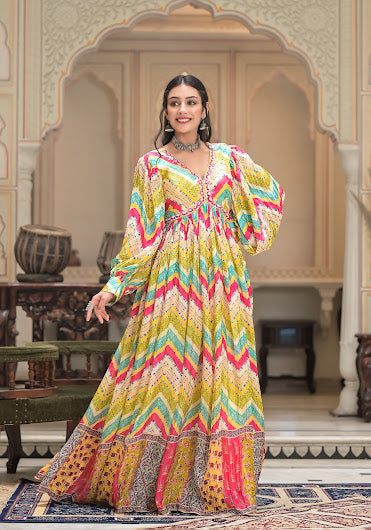 Multicolor Printed Muslin Gown