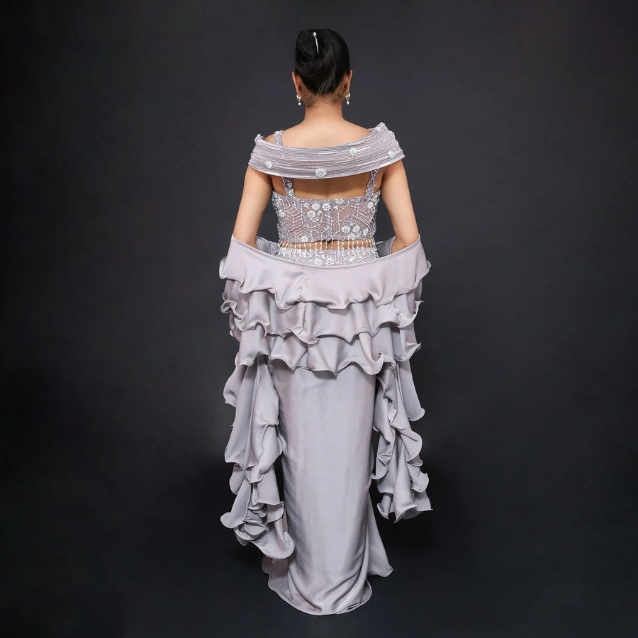 Grey Chinnon Crepe Drape Skirt & Blouse