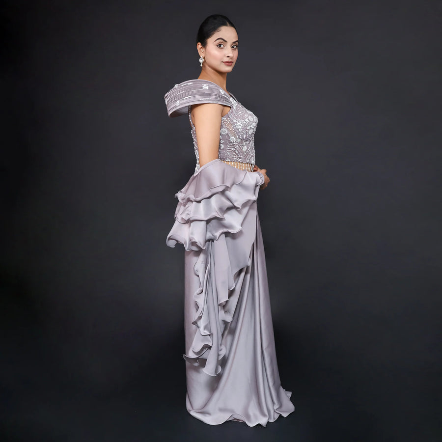 Grey Chinnon Crepe Drape Skirt & Blouse