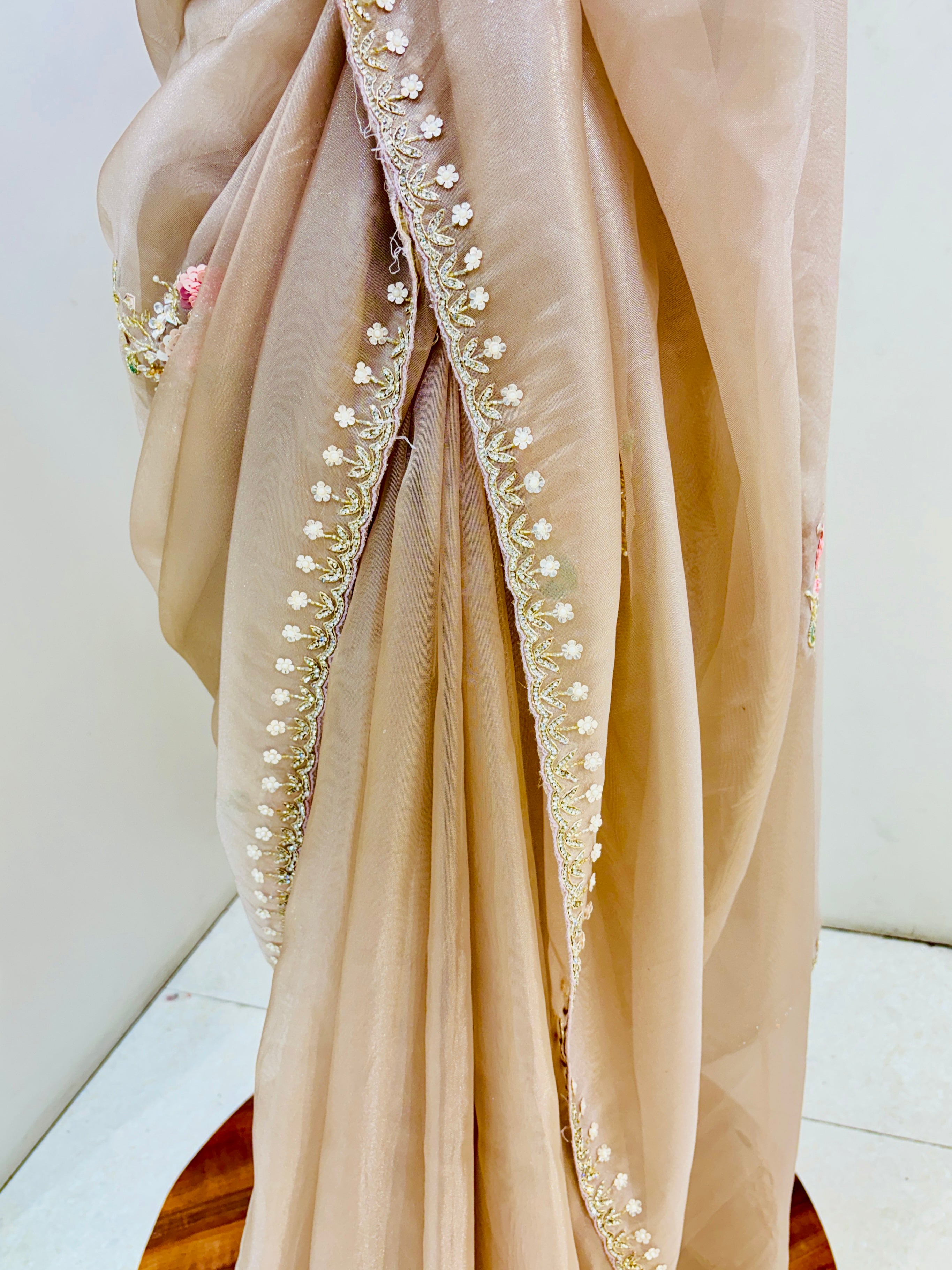 Rose Gold Designer Tissue Hand Work Saree