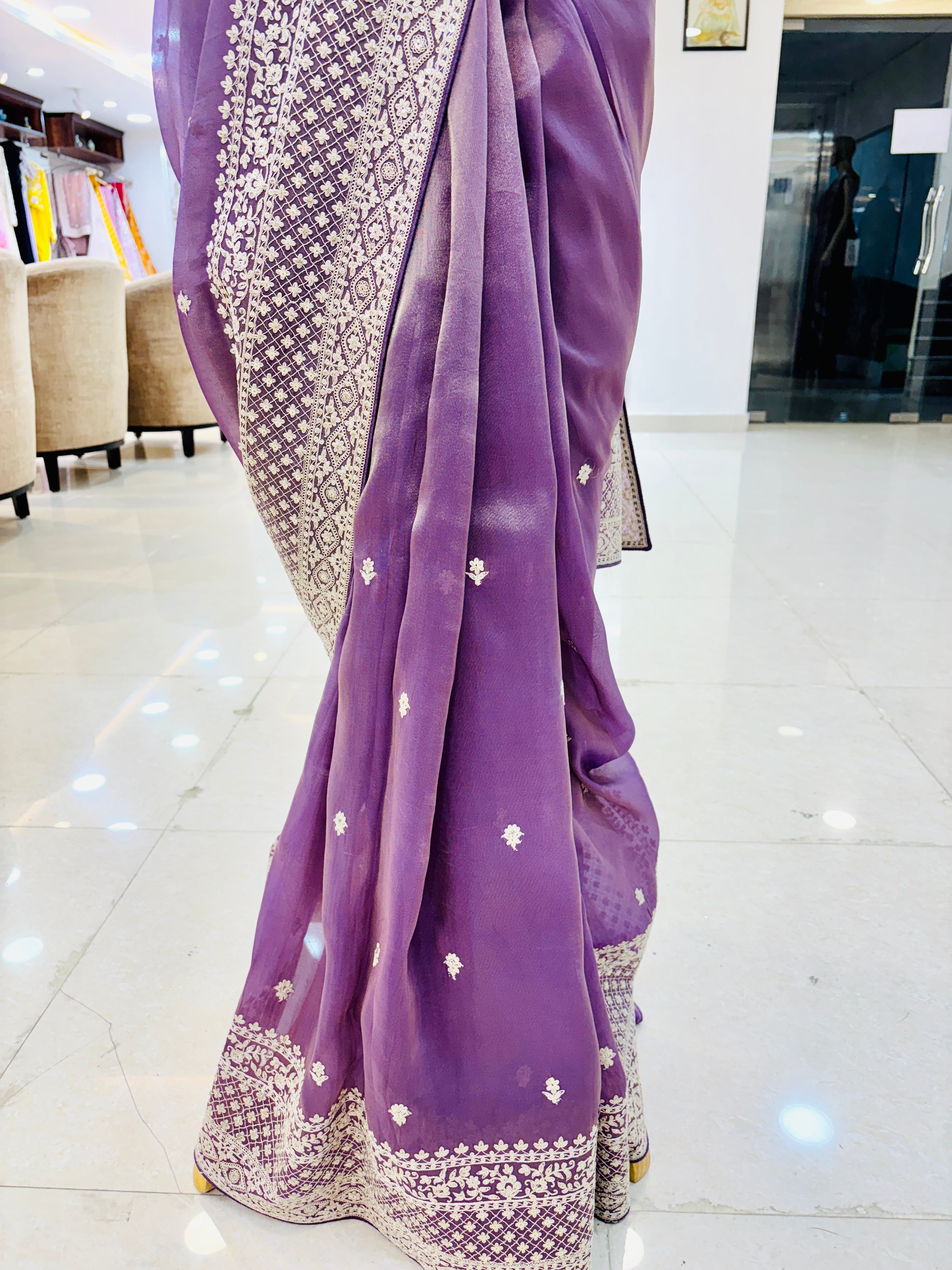 Purple Tissue Organza Pittan Work Designer Saree