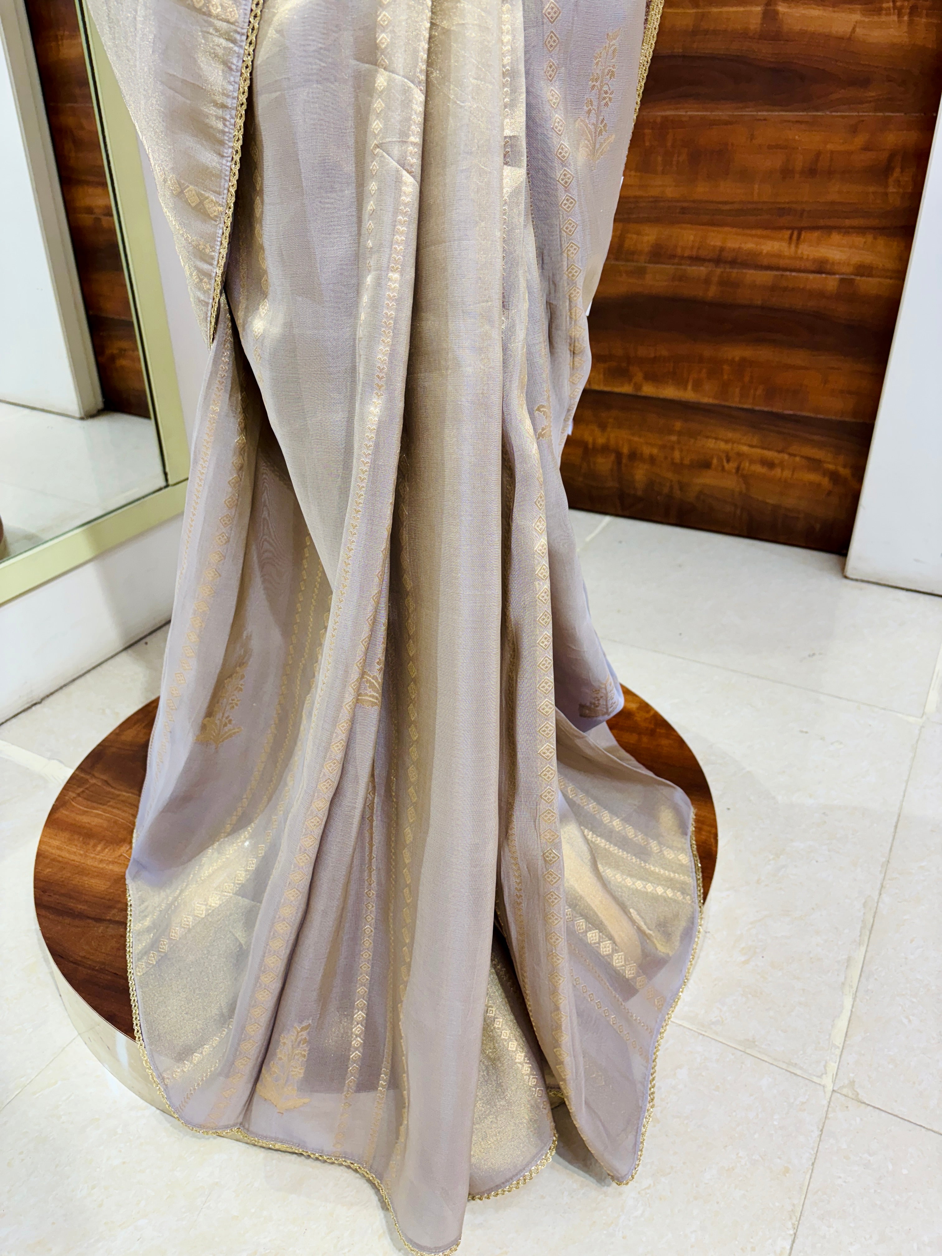 Grey Zari Weaving Tissue Saree With Readymade Blouse