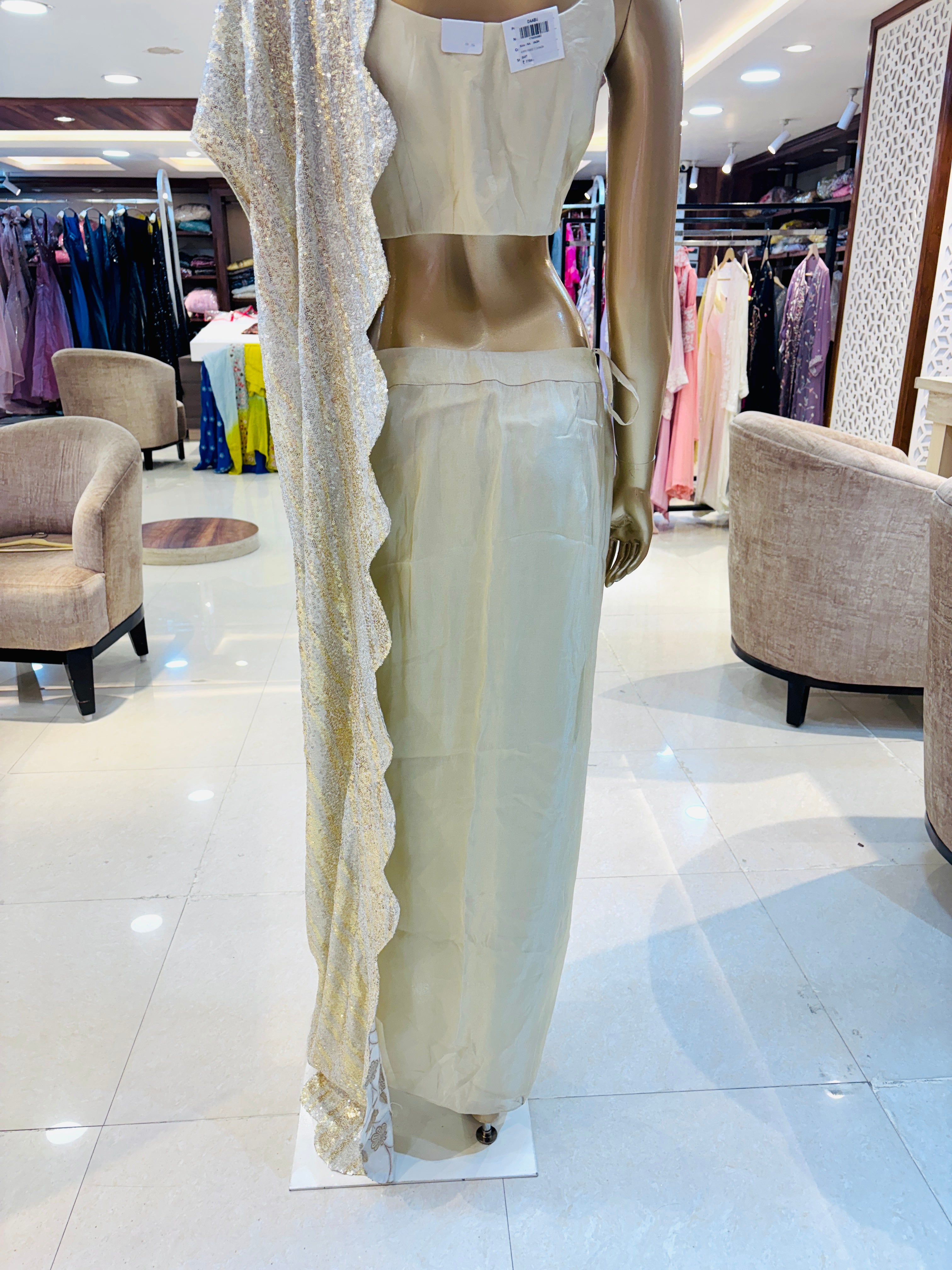 Off white chinnon silk indowestern with dhoti pattern