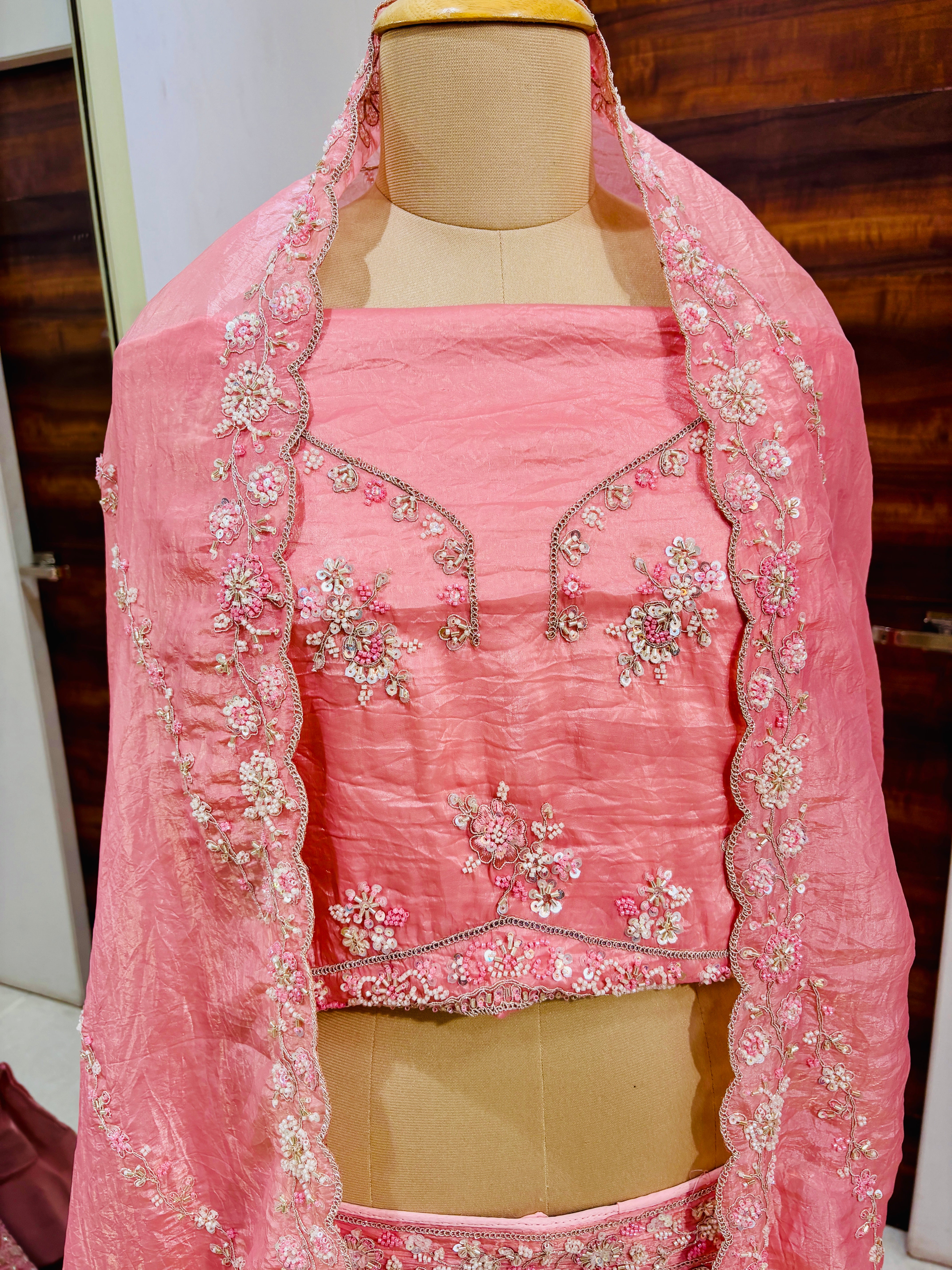 Peach Hand Work Tissue Festive Lehenga